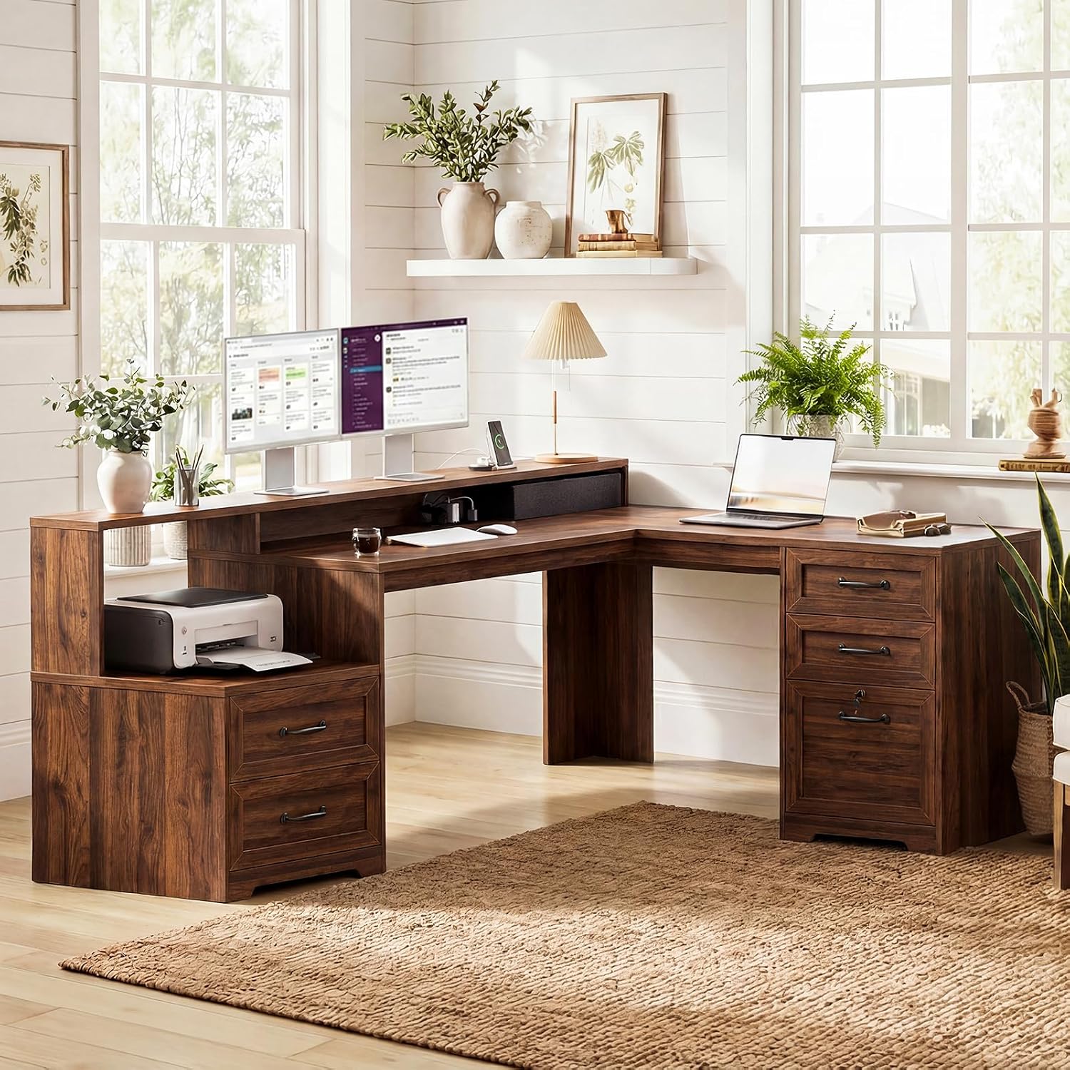 Thumbnail 6 de OffiGo Executive L Shaped Desk, 68-Inch Farmhouse Desk with Walnut Finish