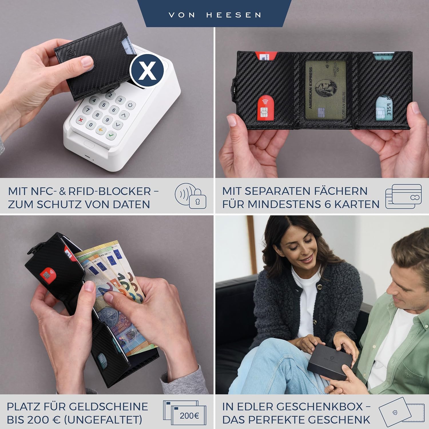 Detalle de VON HEESEN Slim Wallet mit RFID-Schutz – Kleine Geldbörse aus Echtleder, Carbon-Schwarz