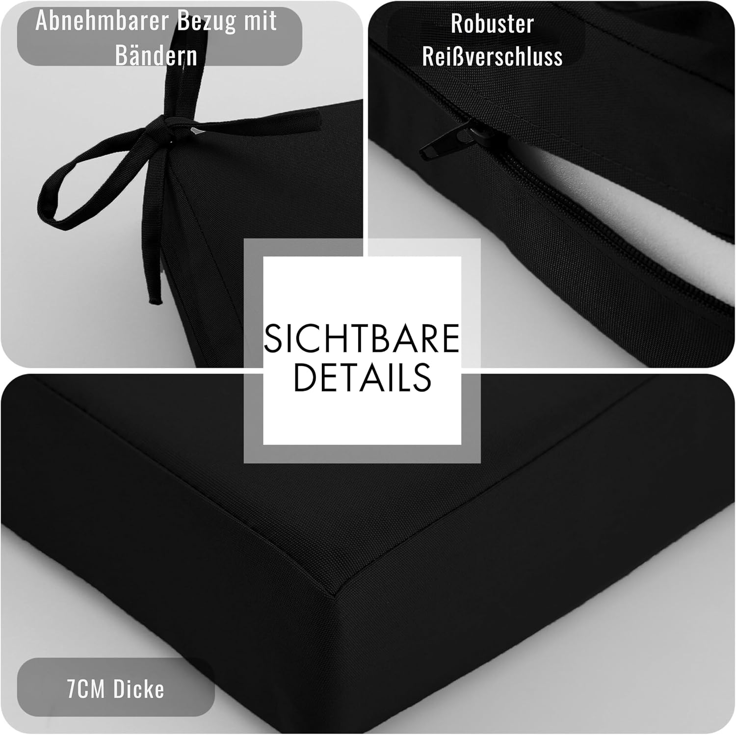 Detalle 2 de PRIMEPATIO Stuhlkissen Außenbereich 2er-Set, 50x50 cm, Schwarz – wetterfest, farbecht