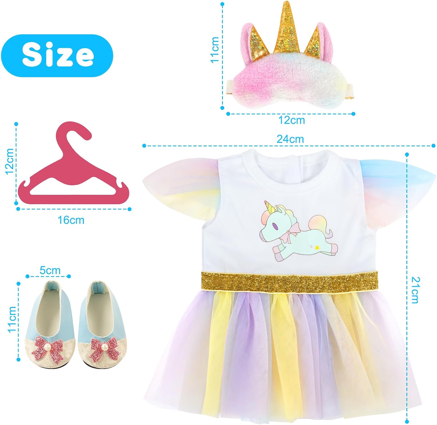 Detalle de Set vestiti per bambola Aolso con unicorno (abito, cappello, scarpe e gruccia) per bambole 35–45 cm