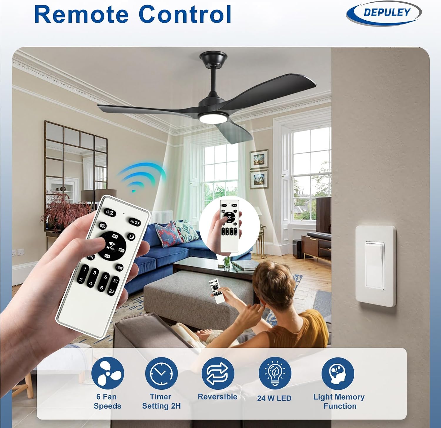 Detalle de Depuley 52-Inch Ceiling Fan with Light: Black 3 Blade Outdoor/Indoor Fandelier