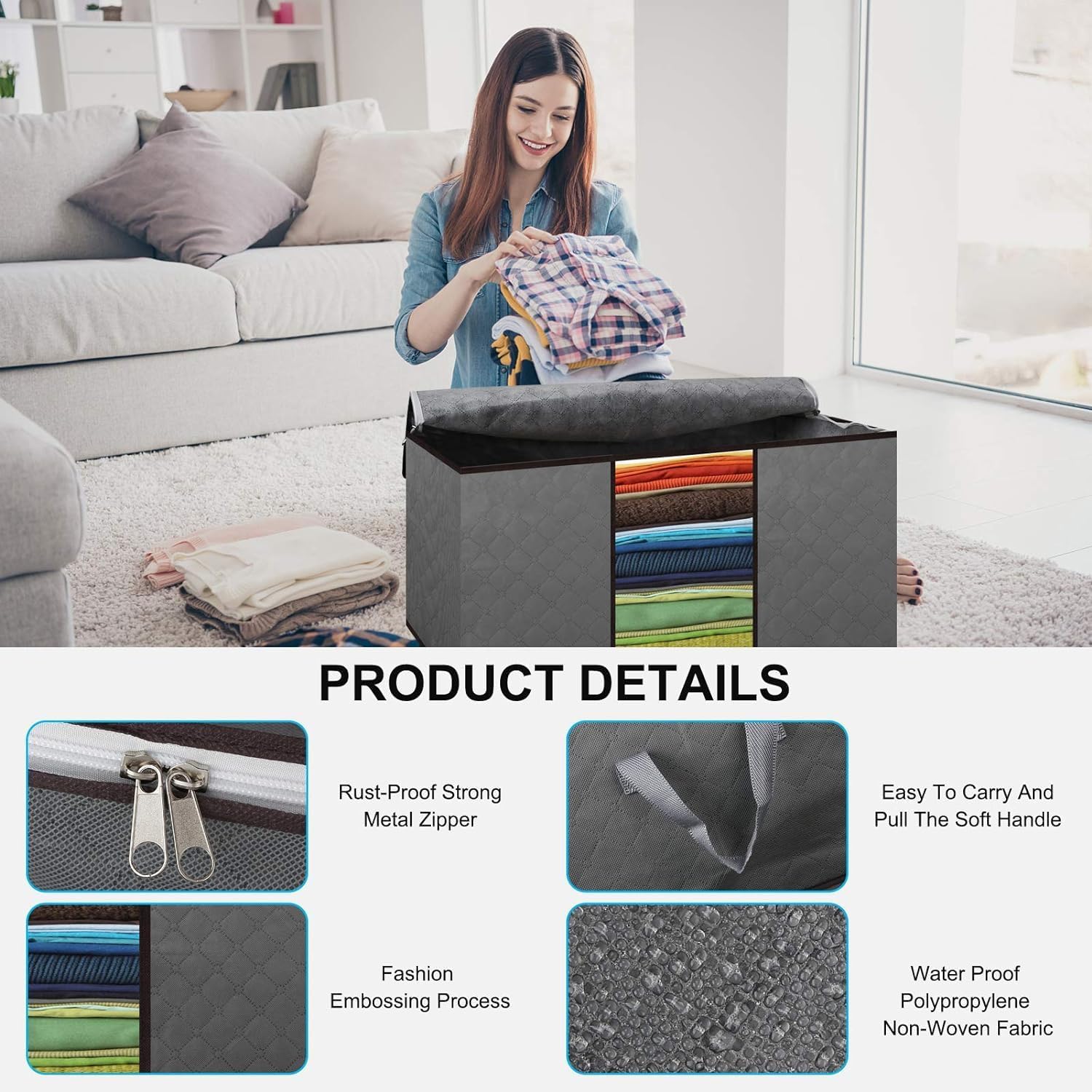Detalle 2 de Cleaneaty Clothes Storage Bag 90L large organiser for bedding