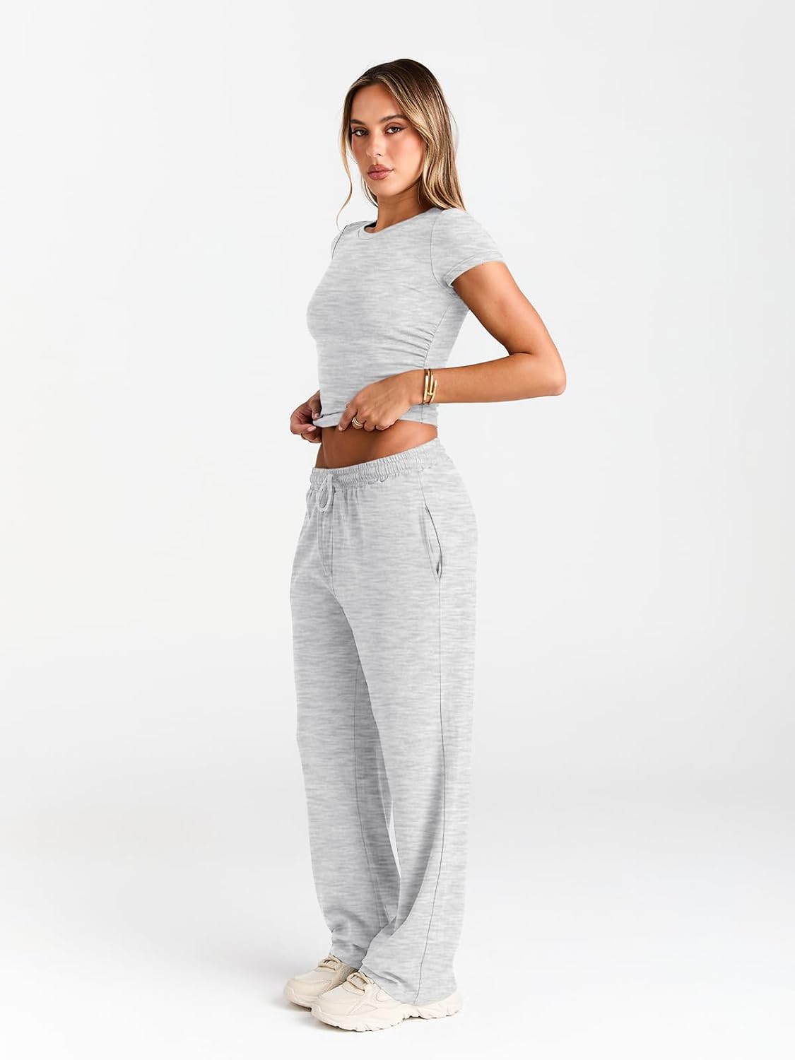 Detalle de LILLUSORY 2 Piece Lounge Wear Set for Women UK – Lightweight Rayon-Spandex, Cropped Top & Wide-Leg Pants