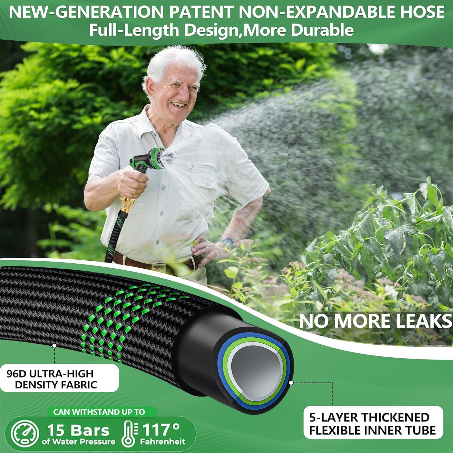 Thumbnail 2 de 50 FT Non-Expandable Garden Hose — 2026 Upgraded Ultra-Light, Anti-Kink, 10-Pattern Nozzle
