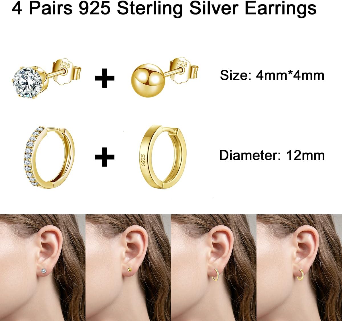 Thumbnail 1 de wynn's 925 Sterling Silver Stud and Hoop Earrings Set (4 Pairs) – 4mm Studs + 12mm Hoops