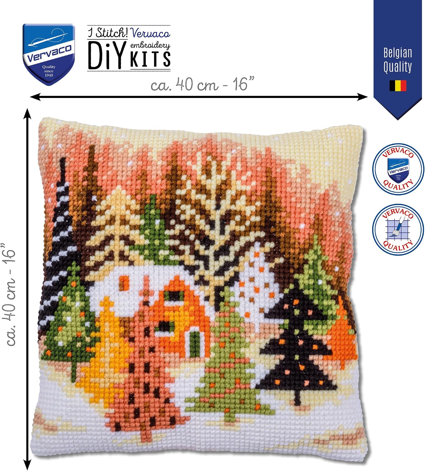Detalle 2 de Vervaco zestaw do haftu krzyżykowego na poduszkę CHOINKI, kanwa z nadrukiem 40 × 40 cm