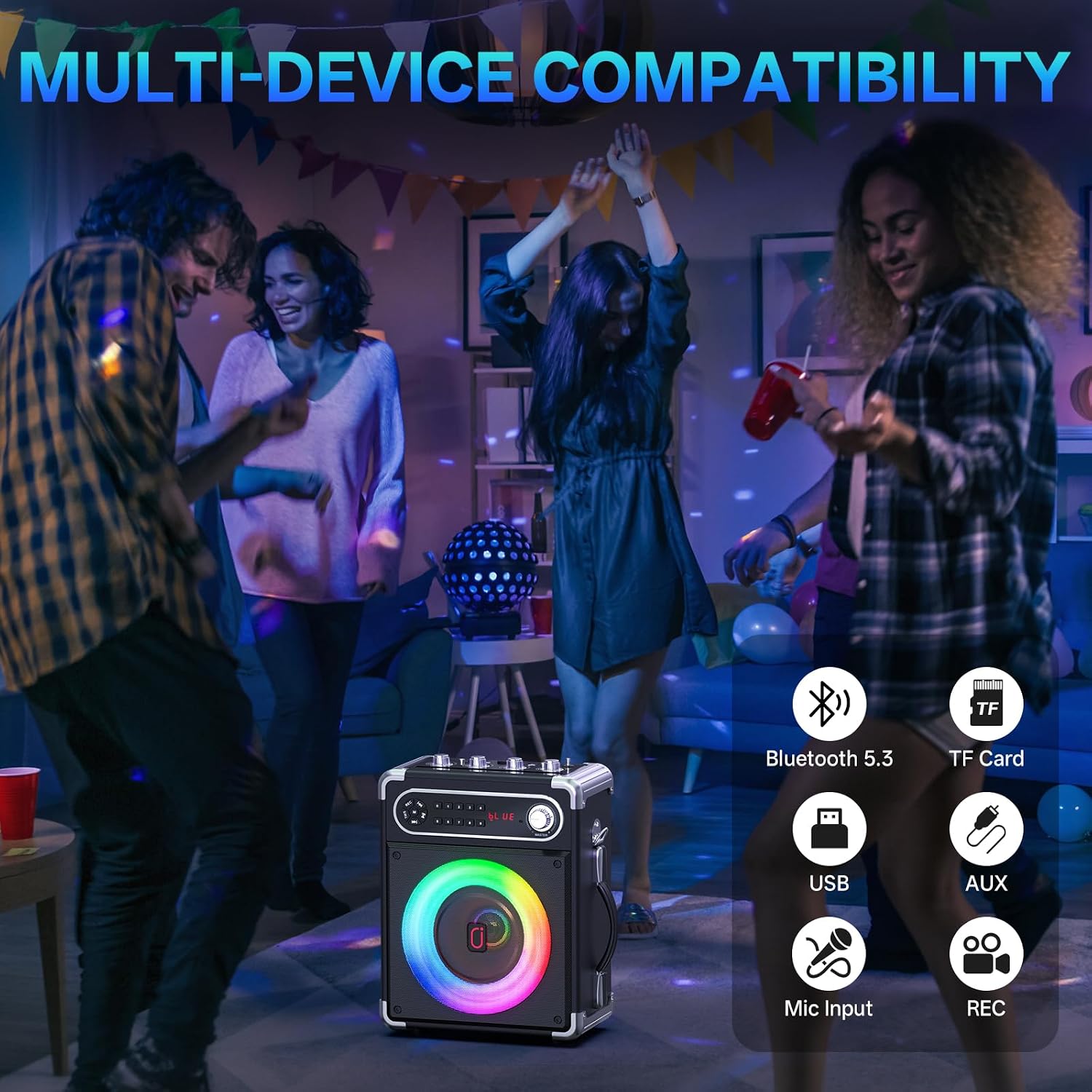 Detalle 1 de JYX 200W Karaoke Machine with 2 Wireless Microphones, TWS & Multi-Input