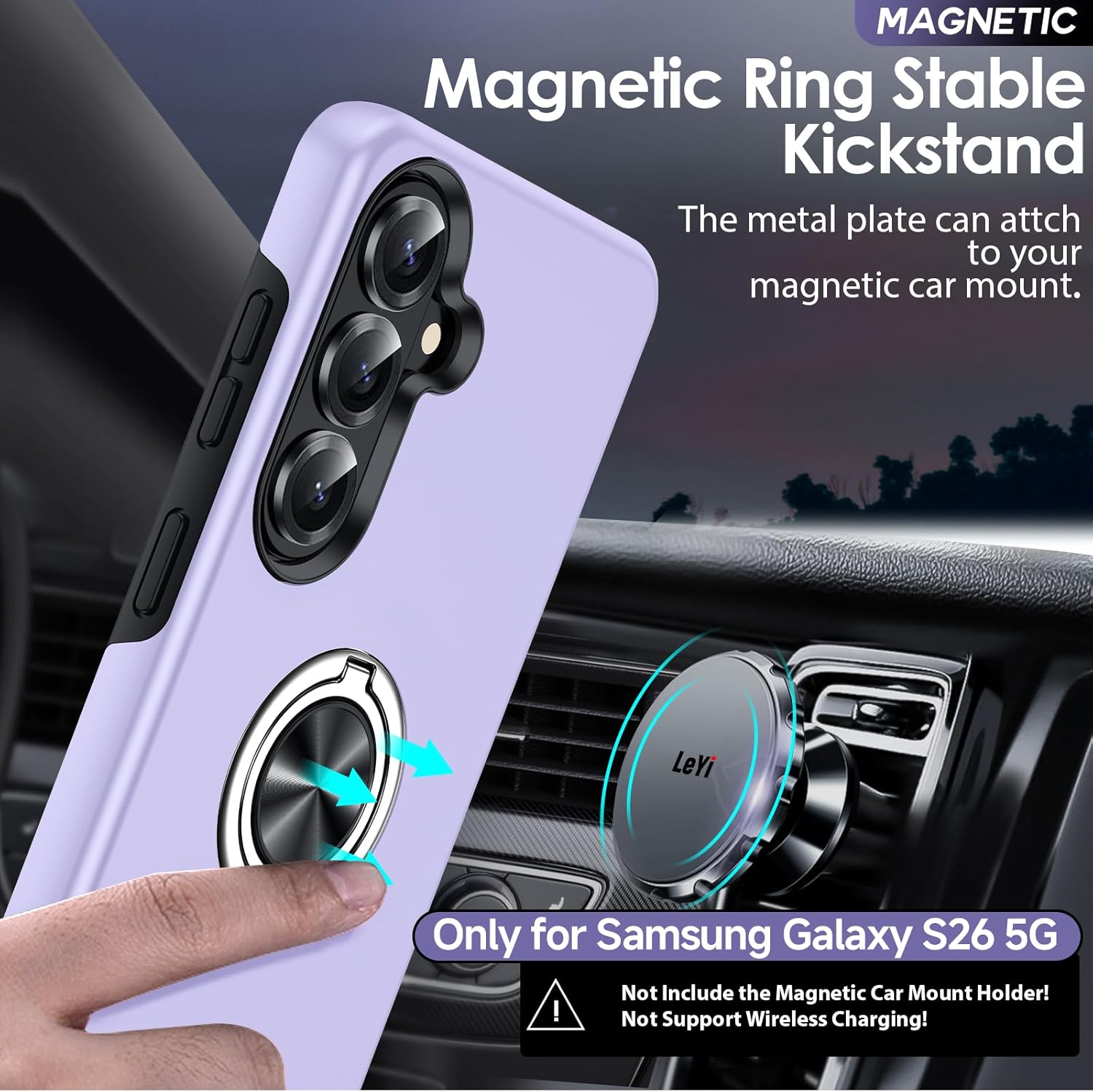 Thumbnail 4 de LeYi for Samsung Galaxy S26 phone case with 2 tempered glass screen protectors, camera lens protectors & ring stand holder (Purple)