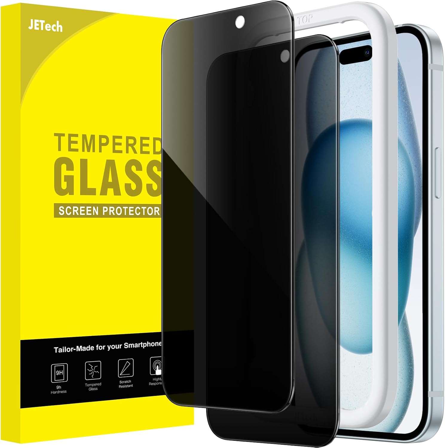 Detalle de JETech 1265- Privacy Screen Protector for iPhone 15 Plus, 9H Glass, 2-Pack