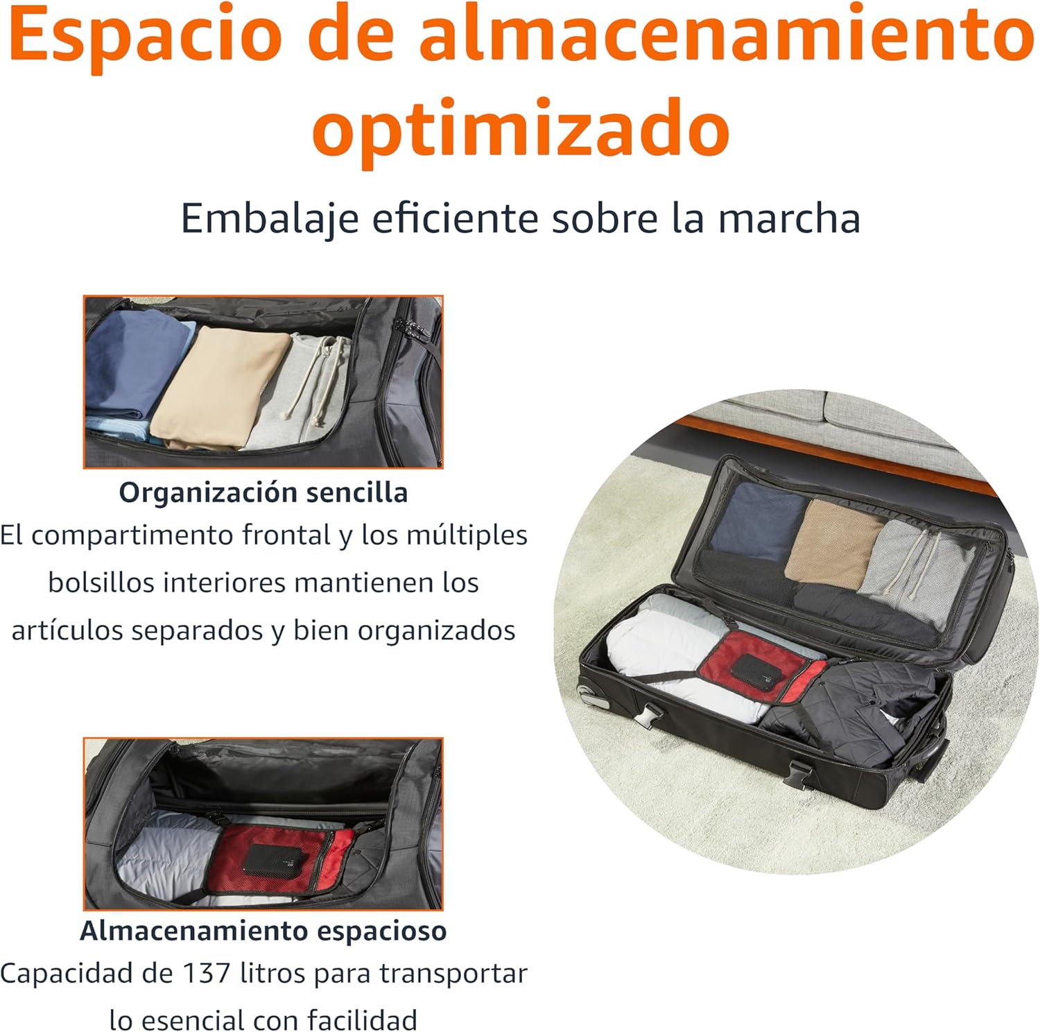 Detalle de Amazon Basics Bolsa de Viaje con Ruedas 🧳 Grande 89cm, Durable y Ligera