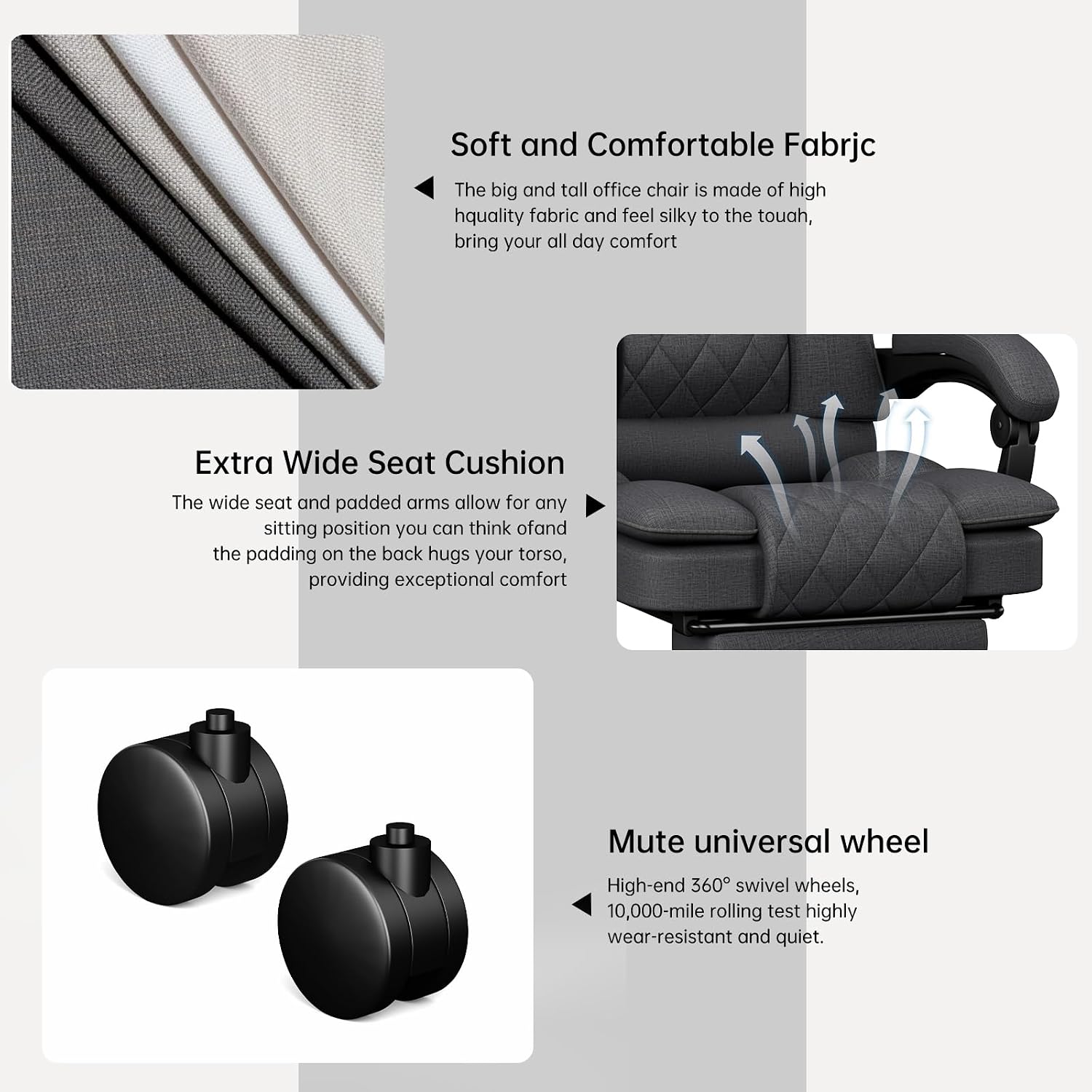 Detalle 2 de Submi SU101-Deep Grey-CA Ergonomic Office Chair with Wide Fabric Seat and Footrest