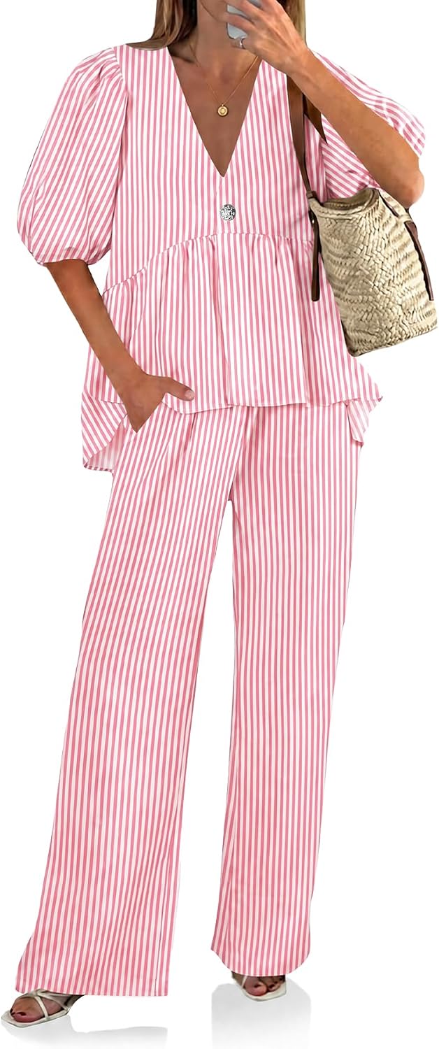 Thumbnail 6 de Tankaneo Women's 2-Piece Linen Sets: V-Neck Puff Sleeve Babydoll Top & Wide Leg Pants