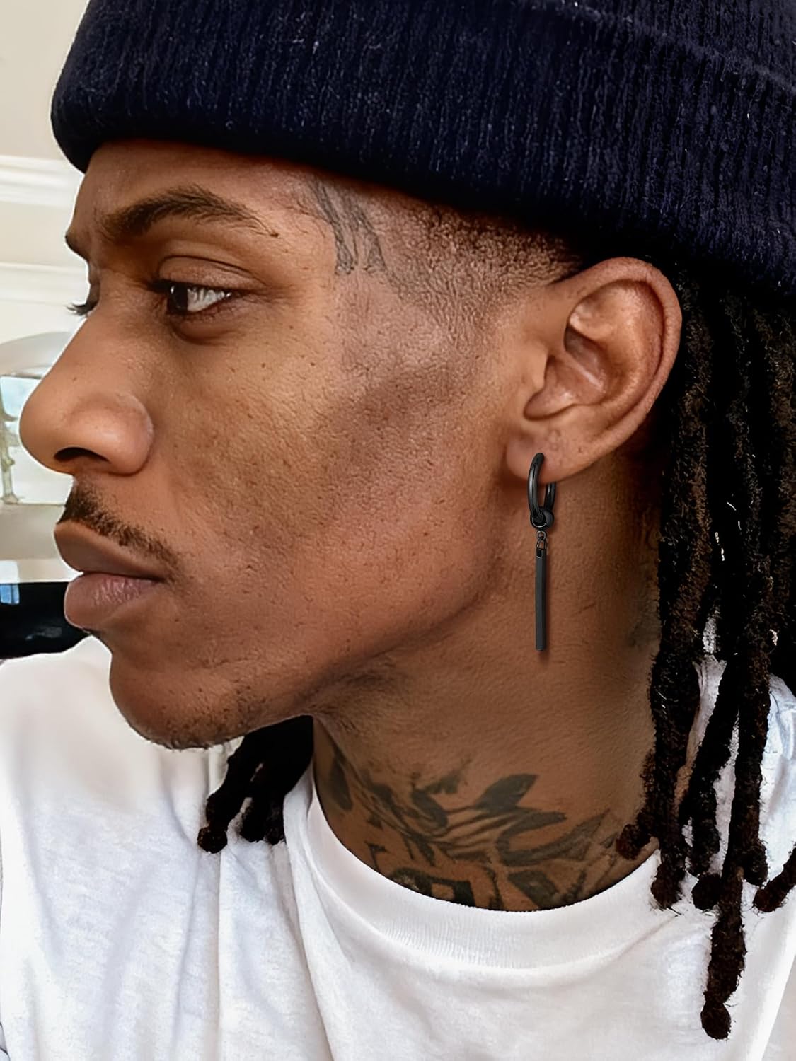 Detalle 2 de PROSTEEL Boucles d’oreilles homme créoles 12 mm avec pendants barres en acier inoxydable 316L et placage noir