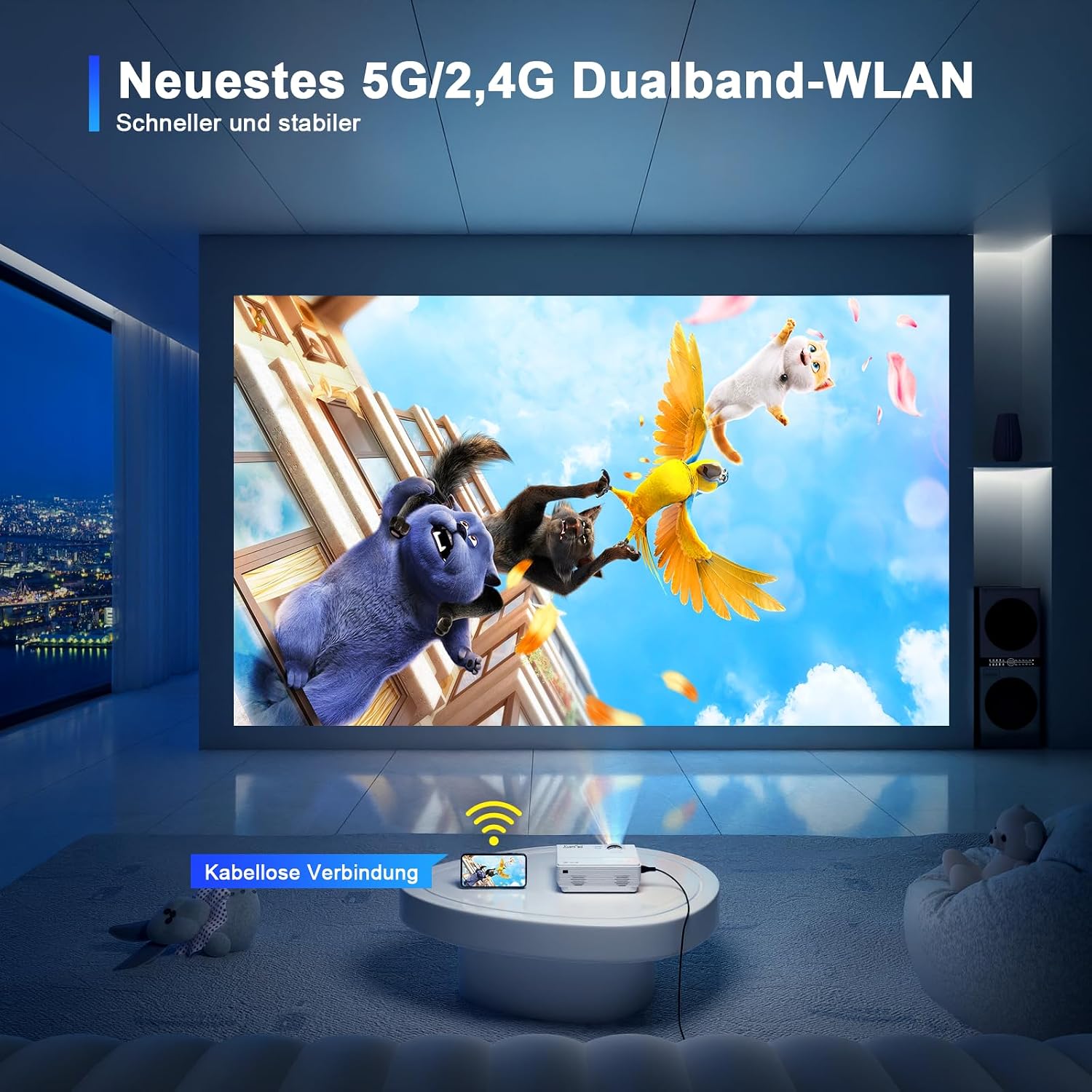 Detalle de 2026 XuanPad Verbessertes WiFi Bluetooth Mini Beamer – HD1080P, 200 Zoll Projektion, Bluetooth 5.1