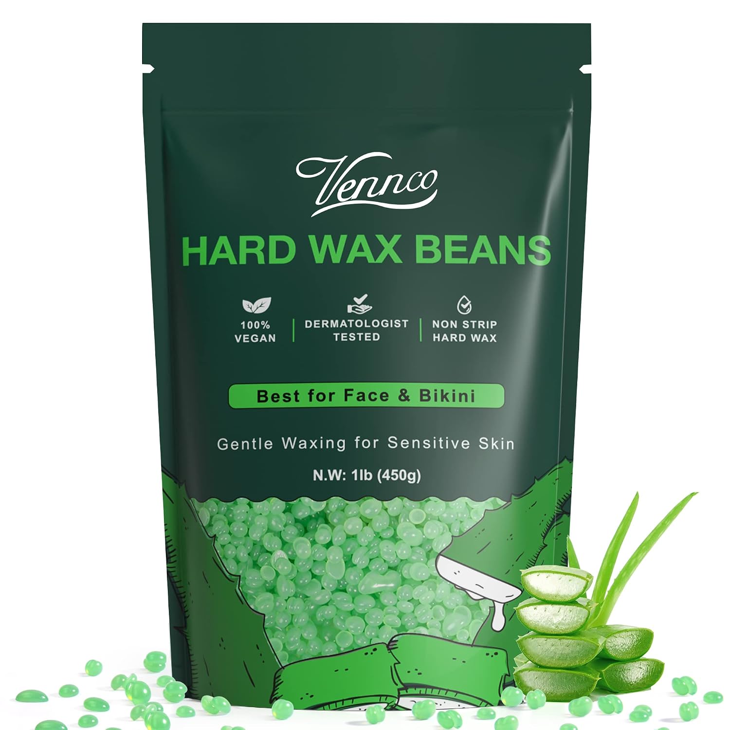 Detalle de VENNCO 1LB Aloe Hard Wax Beads for Sensitive Skin and Coarse Hair