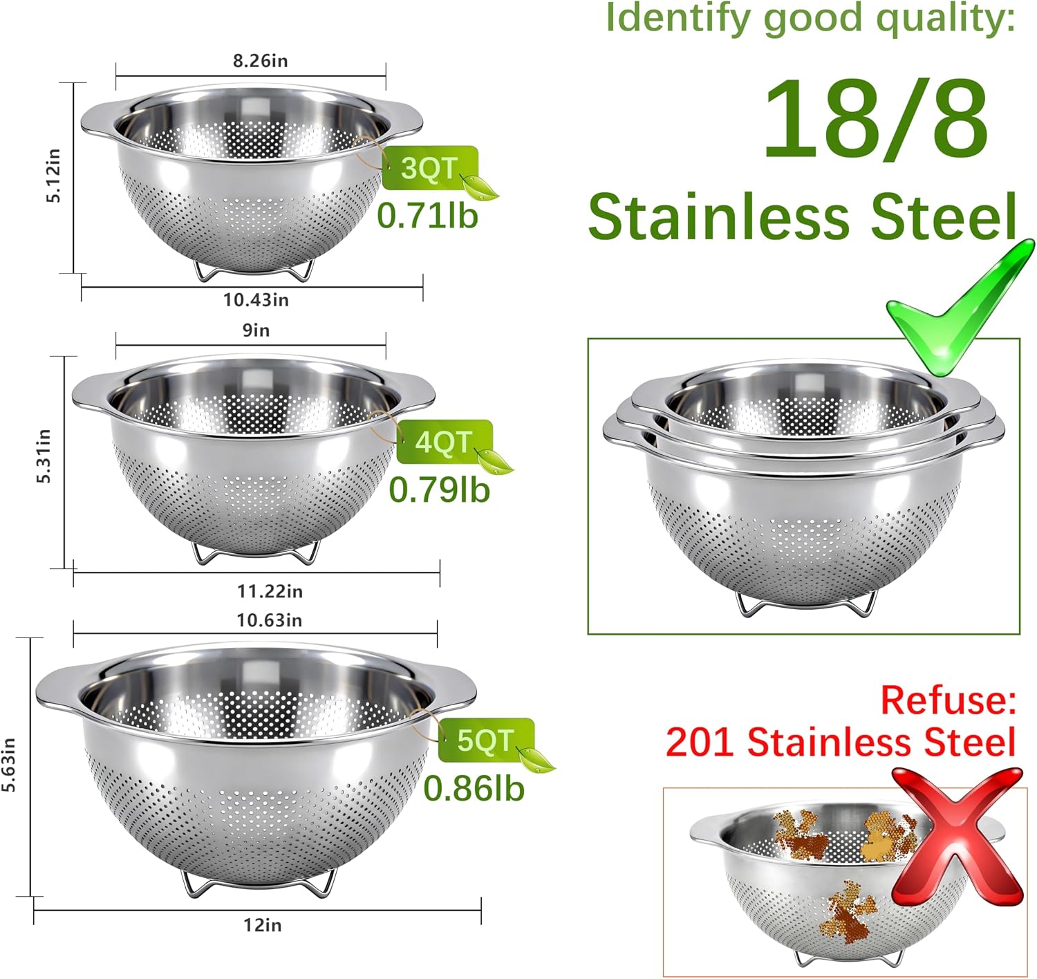 Detalle 2 de QBGSFSYG Stainless Steel Colander, 5QT