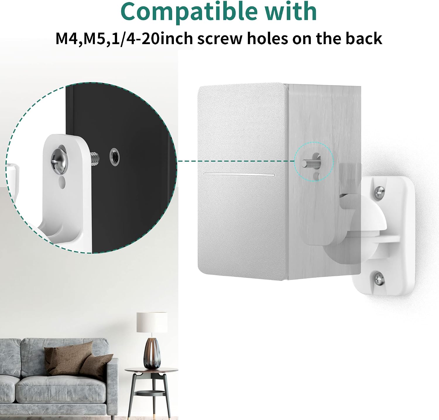 Detalle de HomeMount Speaker Wall Mount Brackets — 4-Pack (White) Holds up to 8 lbs with Multi-Angle Adjustments