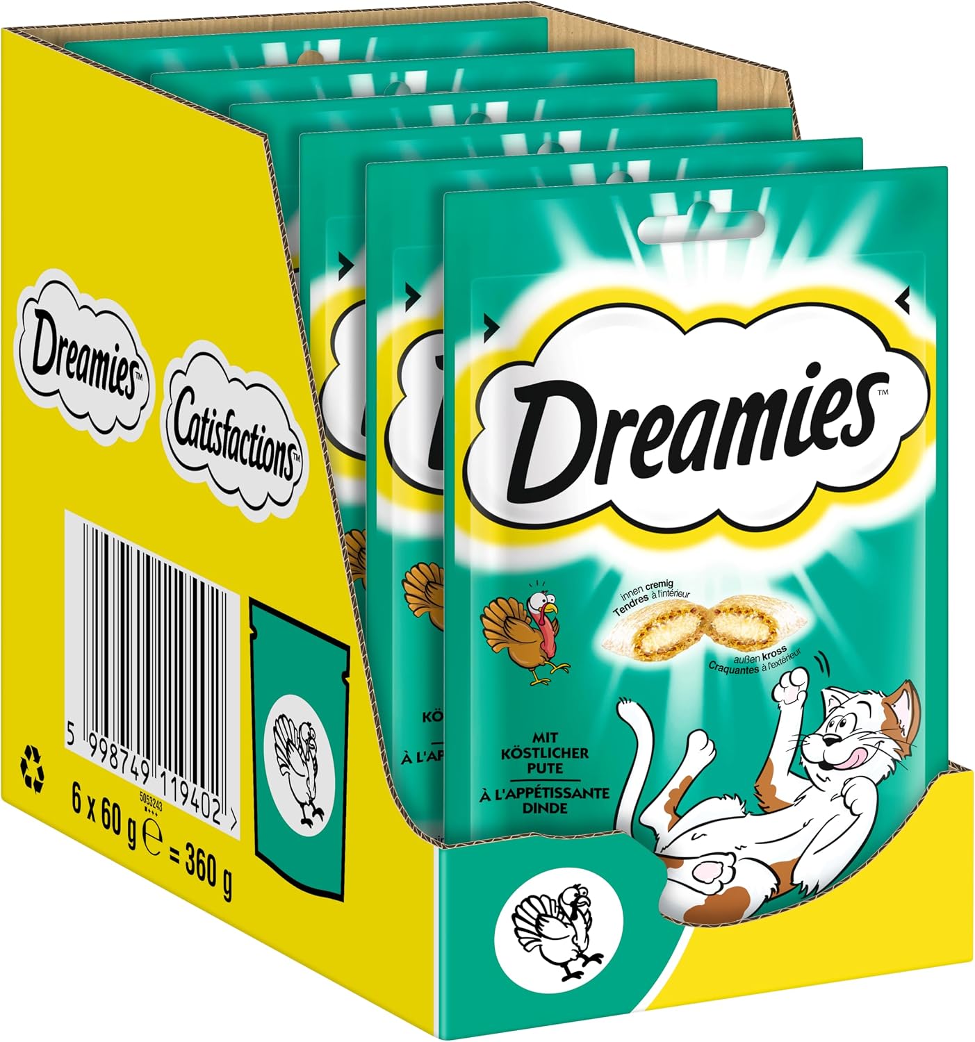 Detalle de DREAMIES Katzensnacks – Variety Box 12x60 g mit Huhn, Käse und Lachs
