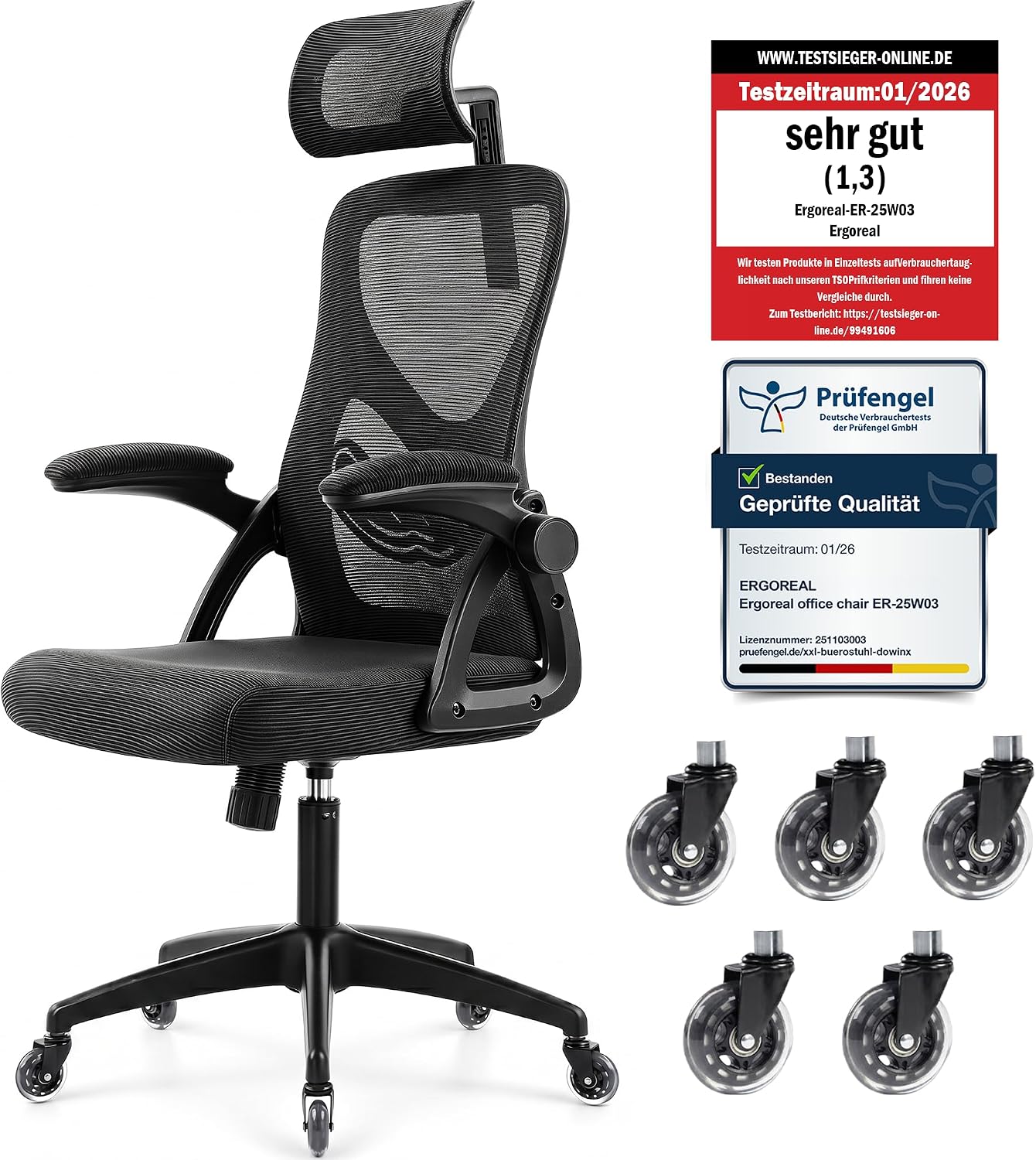 Ergoreal Ergonomischer Mesh-Bürostuhl für Home Office – verstellbare Lendenstütze, 2D-Kopfstütze, klappbare Armlehnen, bis 150 kg