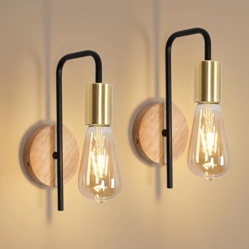 Detalle de Osairous Apliques de Pared 2 Packs: Lámpara Industrial Vintage con Base de Madera y Cuerpo en Acero para Interior