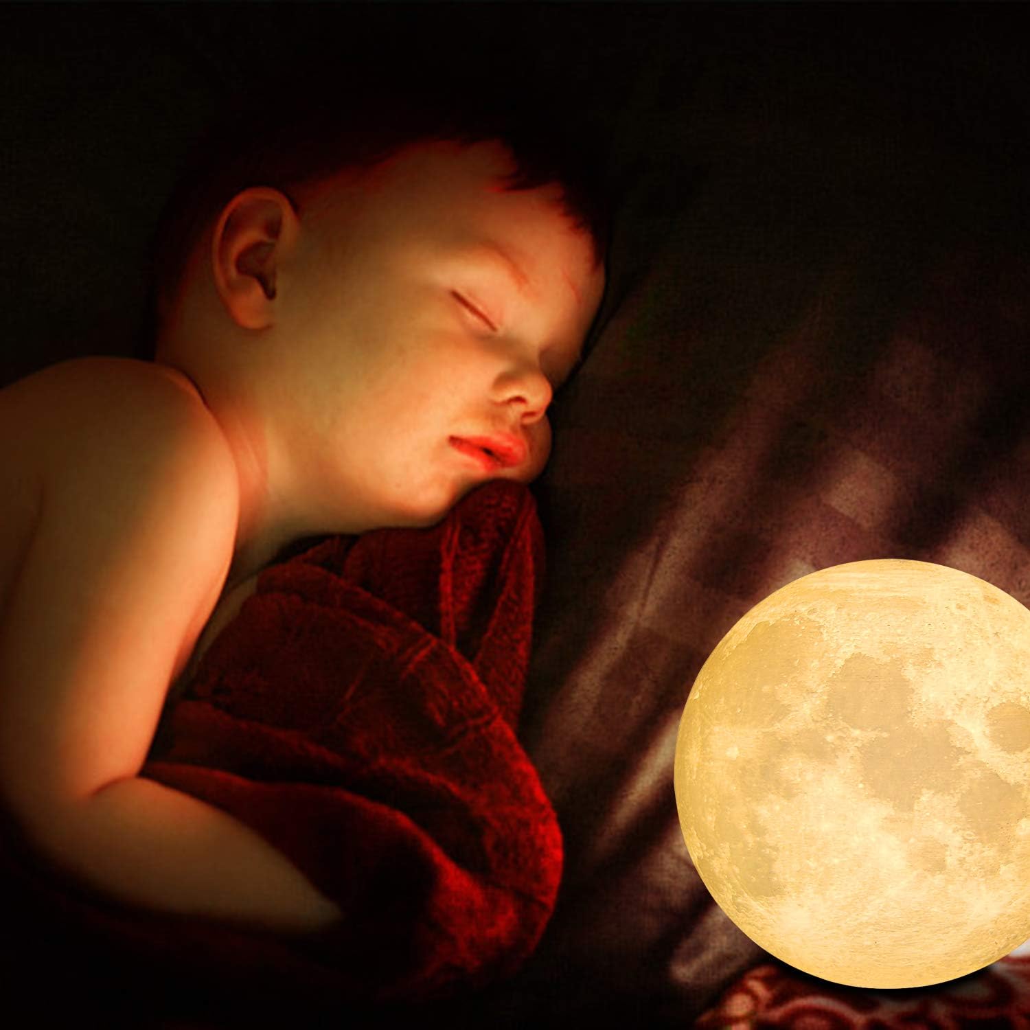 Thumbnail 5 de 5.9 Inch LED Moon Night Light (3D Moon Lamp) with Touch & Tap Dimming, USB Charging and Wooden Stand