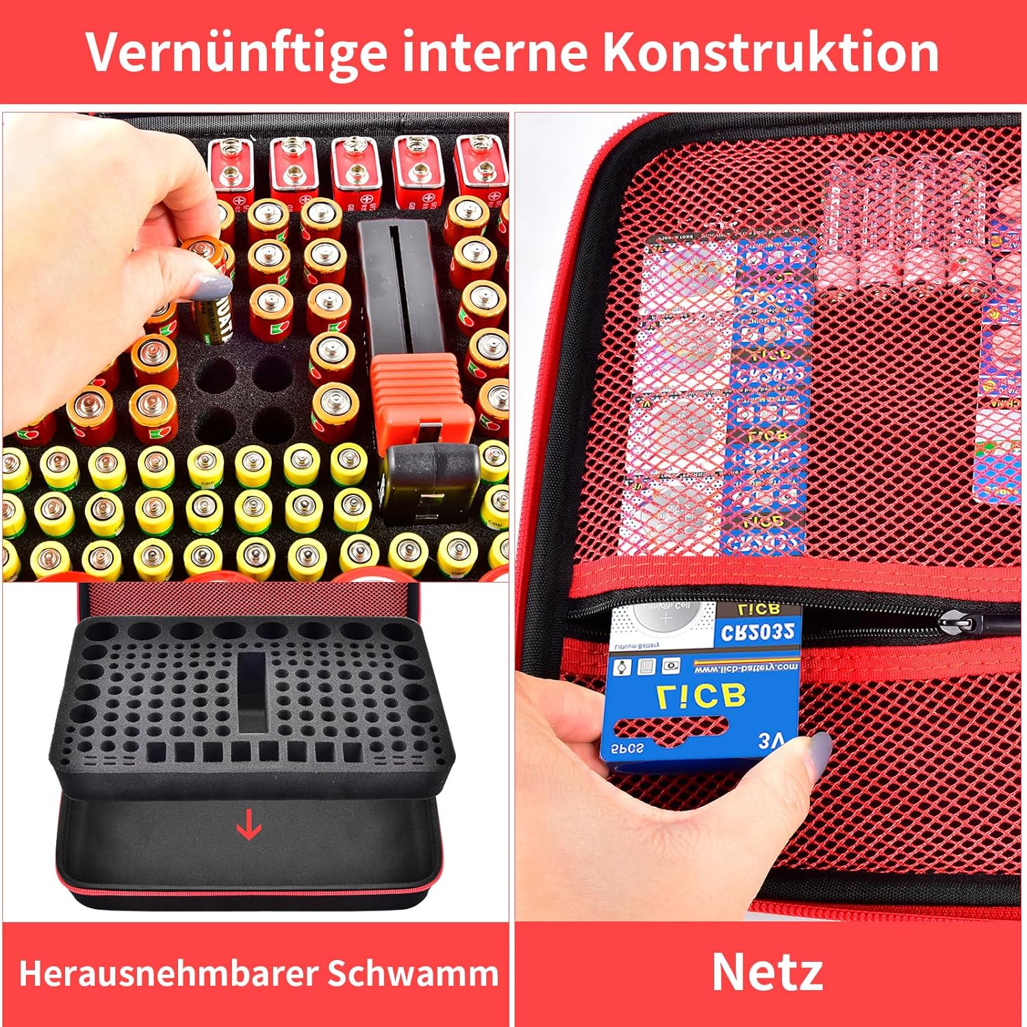Detalle de casmilee Akkus-Organizer mit Batterie-Tester für bis zu 162 Batterien (EVA, rot)