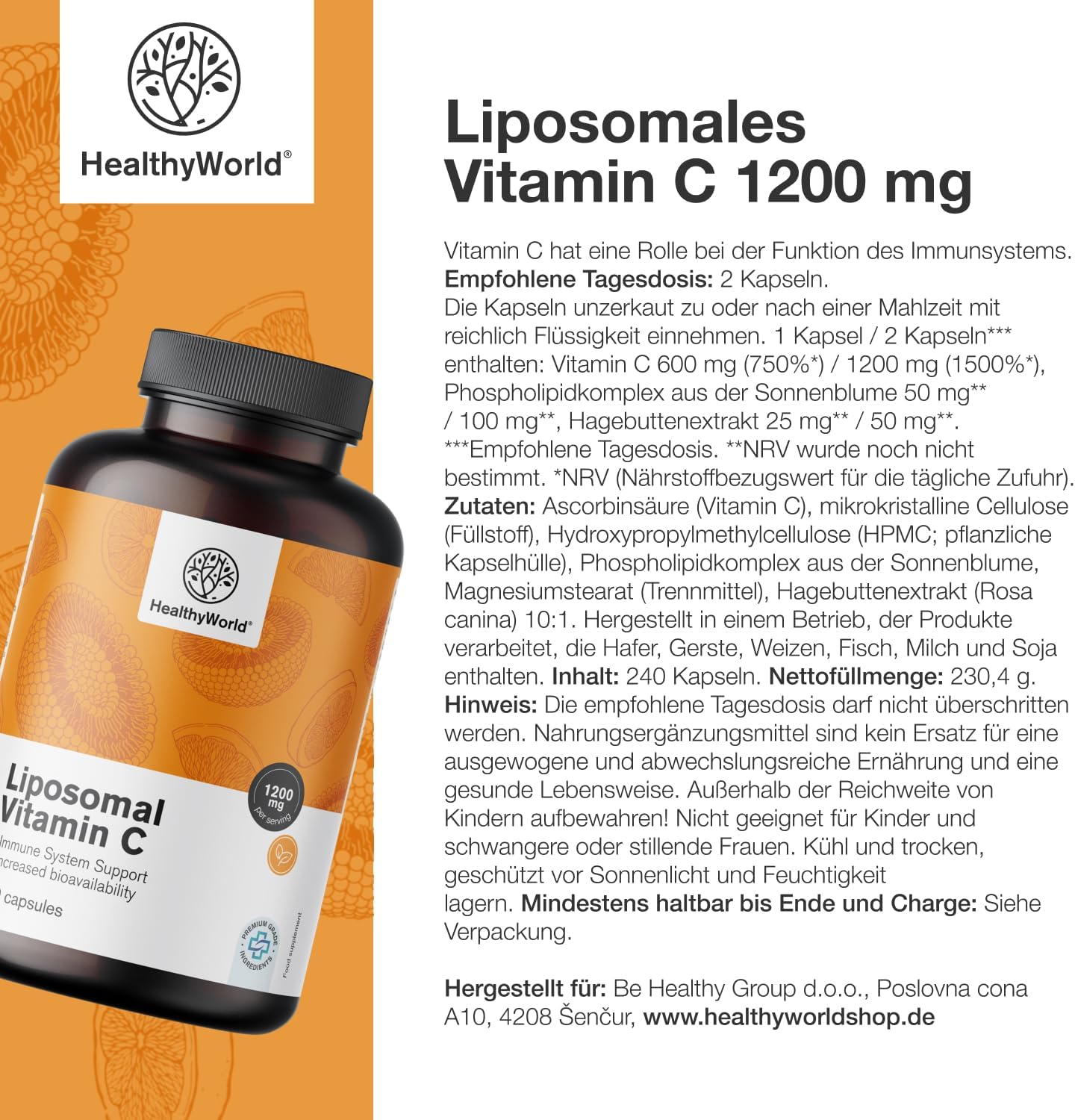 Thumbnail 6 de HealthyWorld Liposomales Vitamin C – 240 Pflanzenkapseln (1200 mg/Tag) mit Hagebutte & Sonnenblumen-Phospholipiden