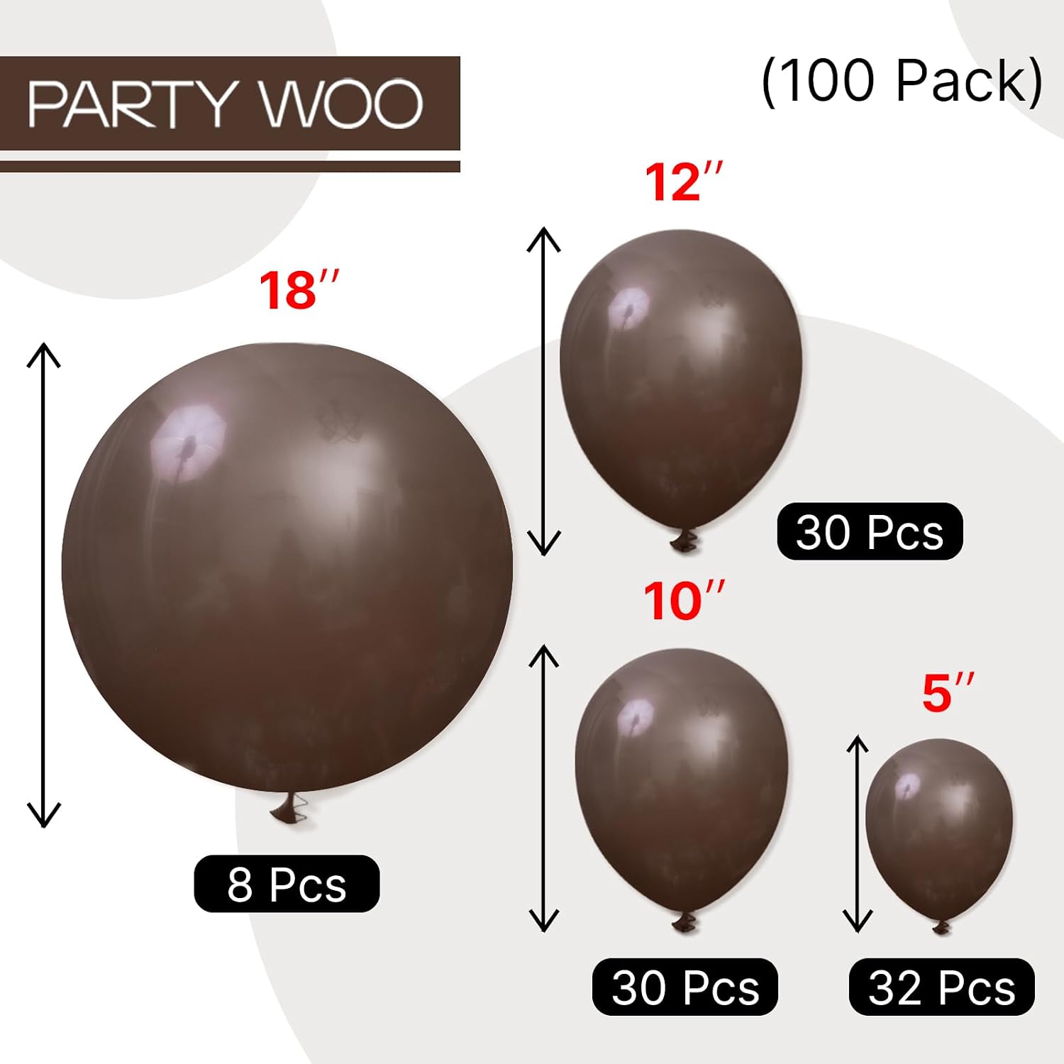 Detalle de PartyWoo Balloons Dark Brown Balloon Set, 100 Latex Balloons in Four Sizes