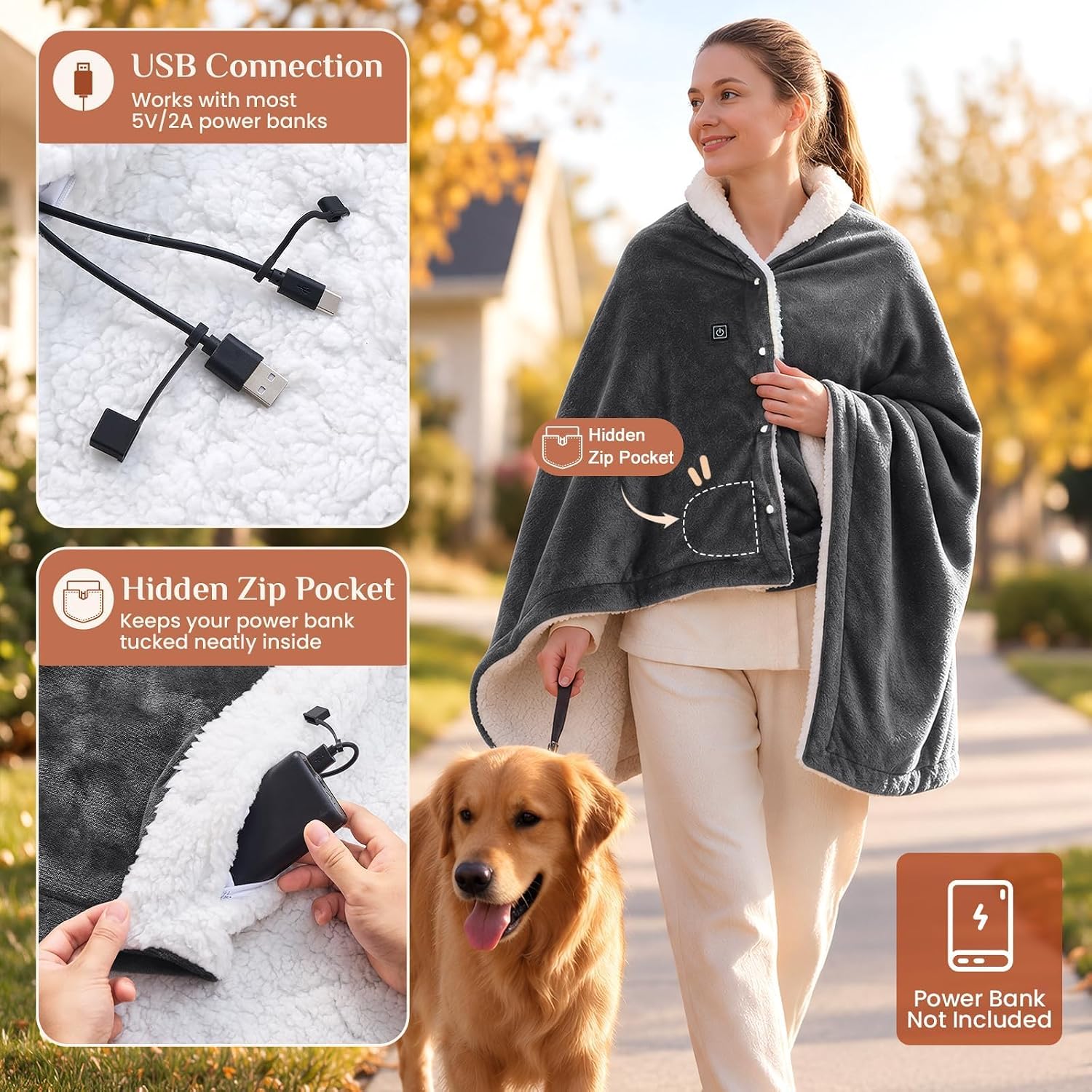 Thumbnail 4 de JOLLYVOGUE DG-S USB Heated Wearable Blanket, 8 Heating Zones, 3 Heat Levels