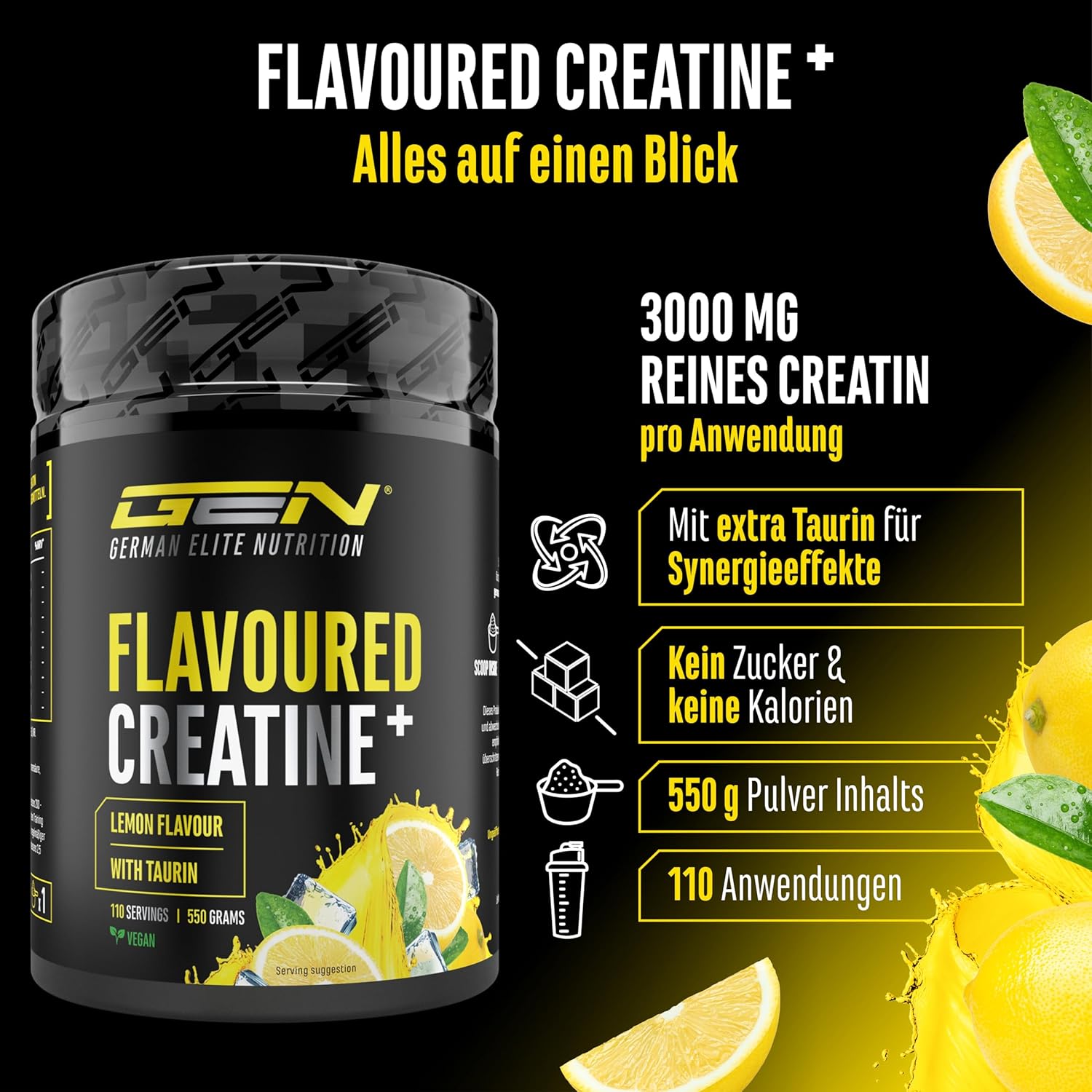 Thumbnail 1 de GEN German Elite Nutrition Flavoured Creatine Pulver (550 g) – Creatin Monohydrat mit L-Taurin, vegan & zuckerfrei