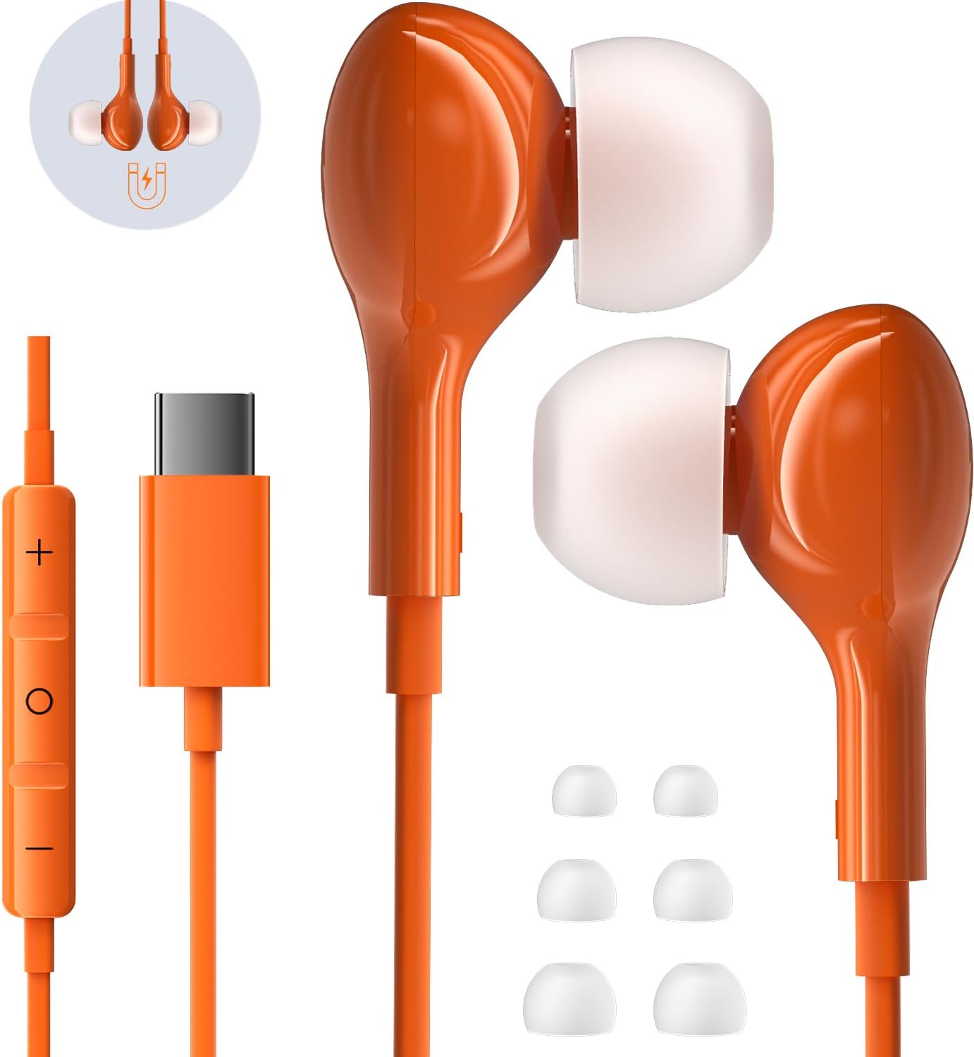 Detalle de AILZPXX 964 USB-C Wired Earbuds with Microphone and Inline Controls, Orange