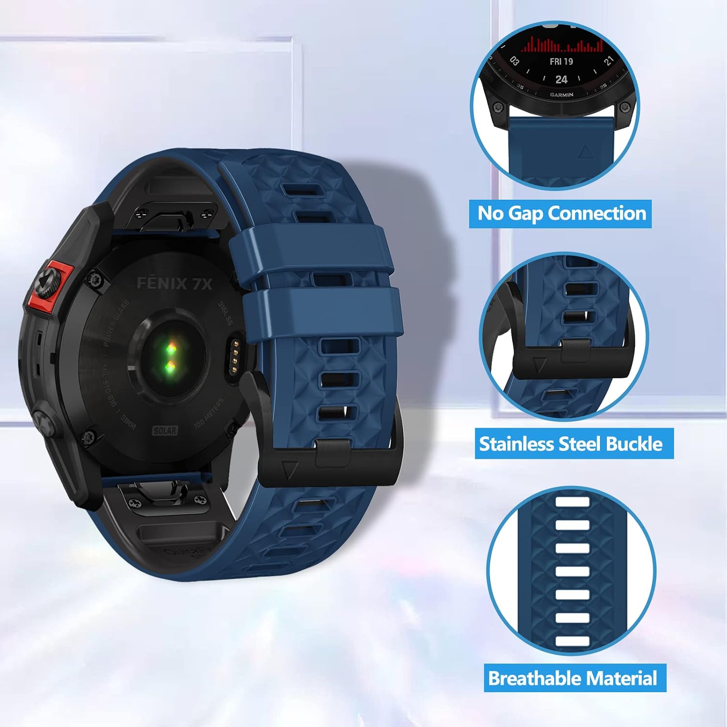 Detalle de LanQii 26mm QuickFit Silikon-Armband für Garmin (QuickFit) – Ersatzband in Blau/Schwarz