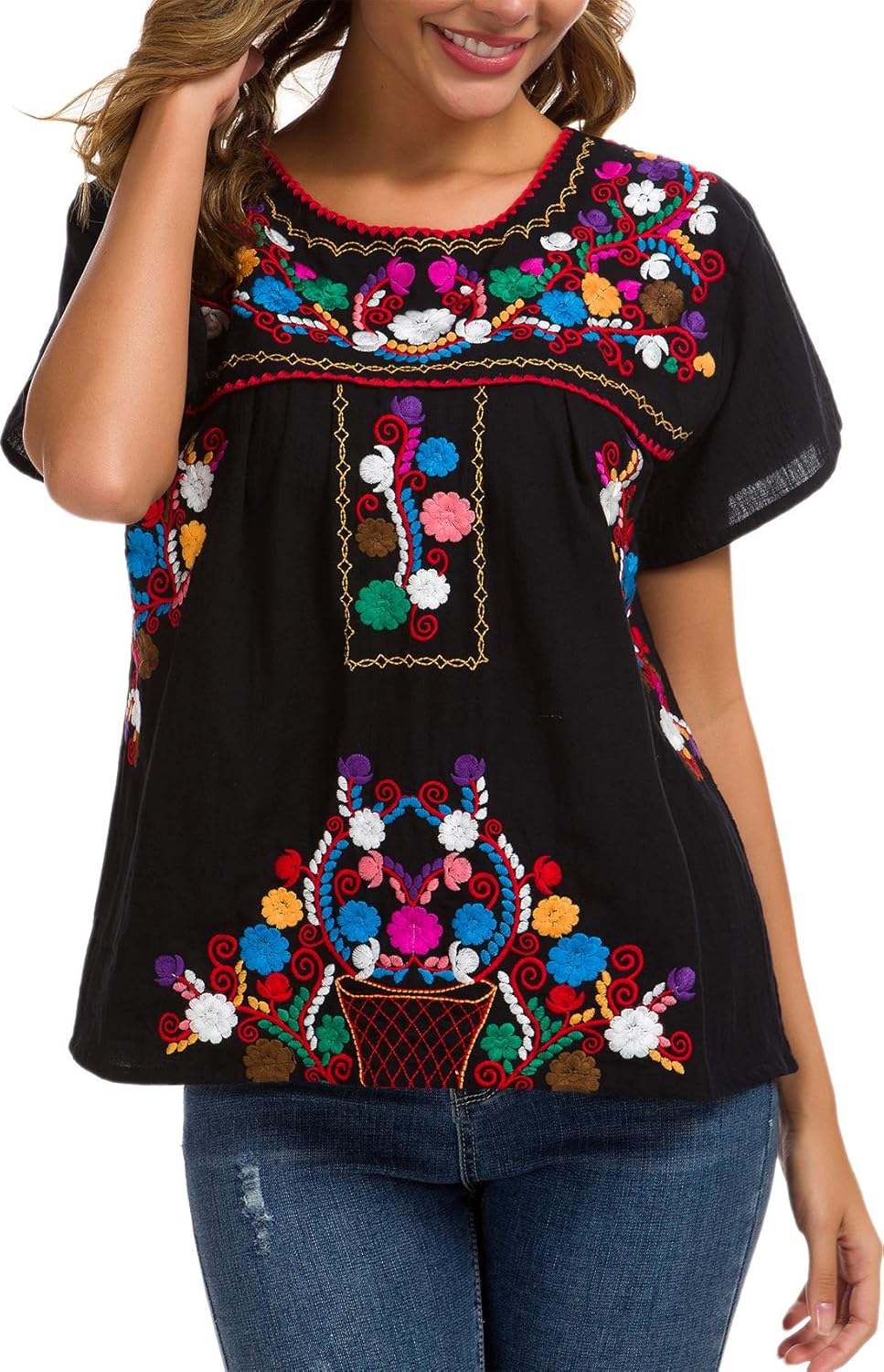 Thumbnail 1 de YZXDORWJ Women's Embroidered Mexican Peasant Blouse: Lightweight Cotton Boho Top for Summer