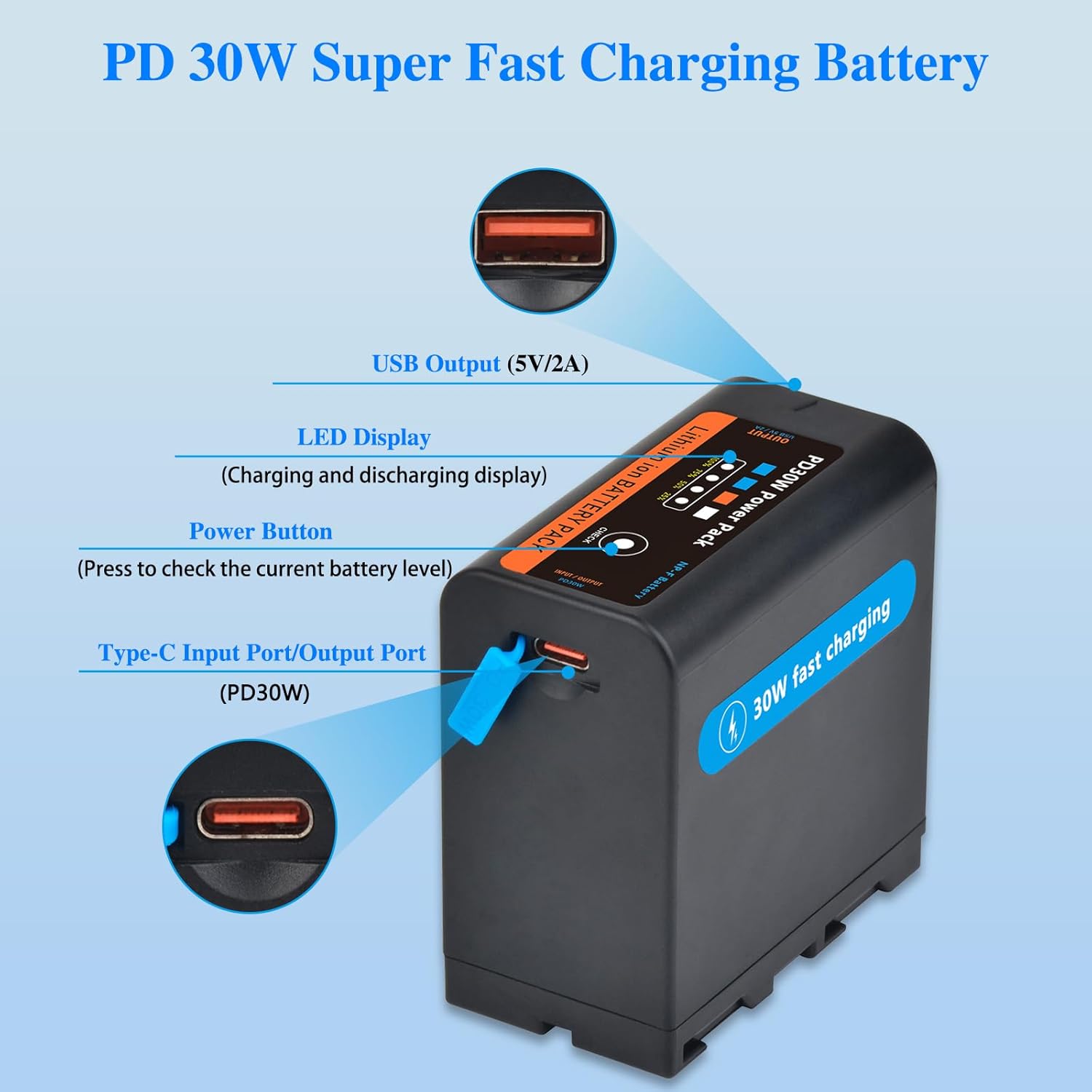 Detalle de TAVT Type-C PD 30W 9000mAh NP-F970 NP-F Battery for Sony NP-F Series and Camcorders