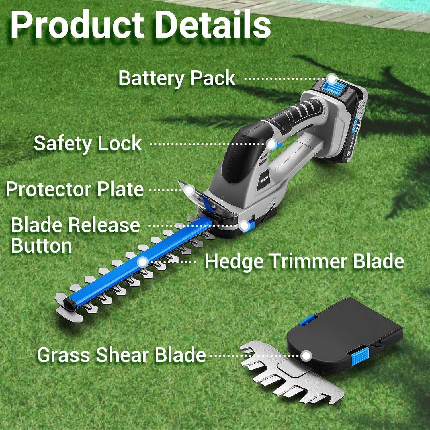 Thumbnail 5 de DEKOPRO 20V Cordless Hedge Trimmer (2-in-1 handheld grass & bush trimmer) with 2000mAh battery