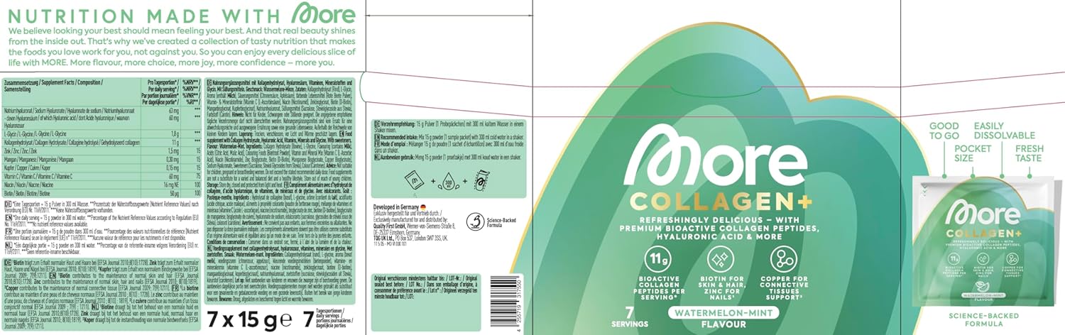 Thumbnail 3 de MORE Collagen+ Box (7 x 15 g) Watermelon Mint – Kollagenhydrolysat mit Hyaluron, Glycin, Vitaminen und Mineralstoffen
