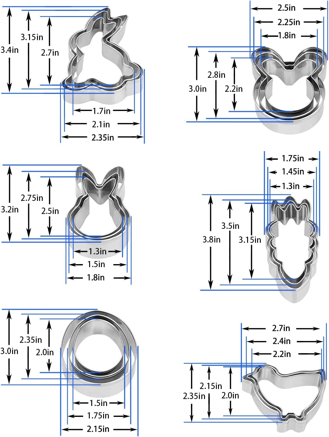 Detalle de 18-Piece Stainless Steel Easter Cookie Cutter Set (Bunny, Bunny Face, Rabbit, Egg, Chick, Carrot)
