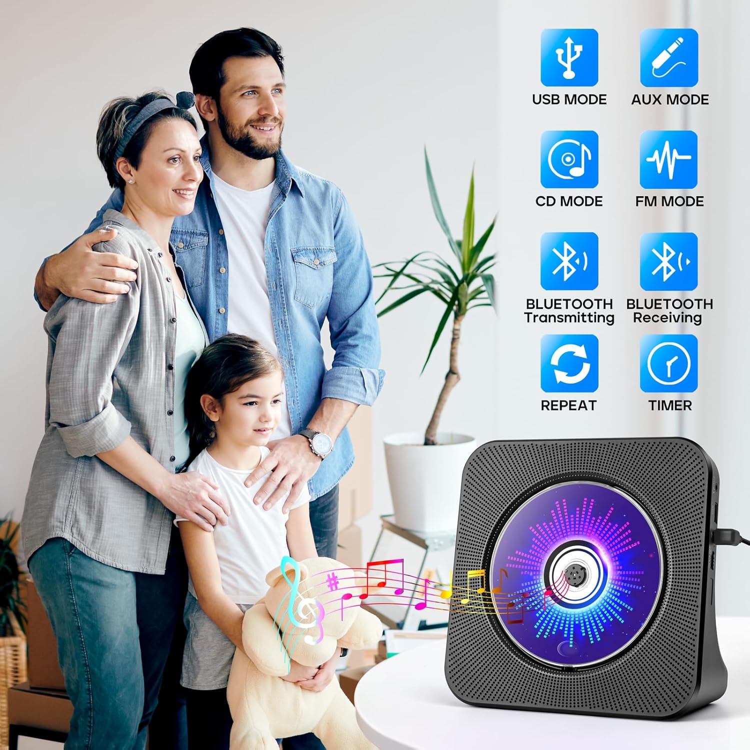 Detalle de ROADOM Desktop CD Player with Speakers (Bluetooth, FM Radio, USB, AUX) + Remote