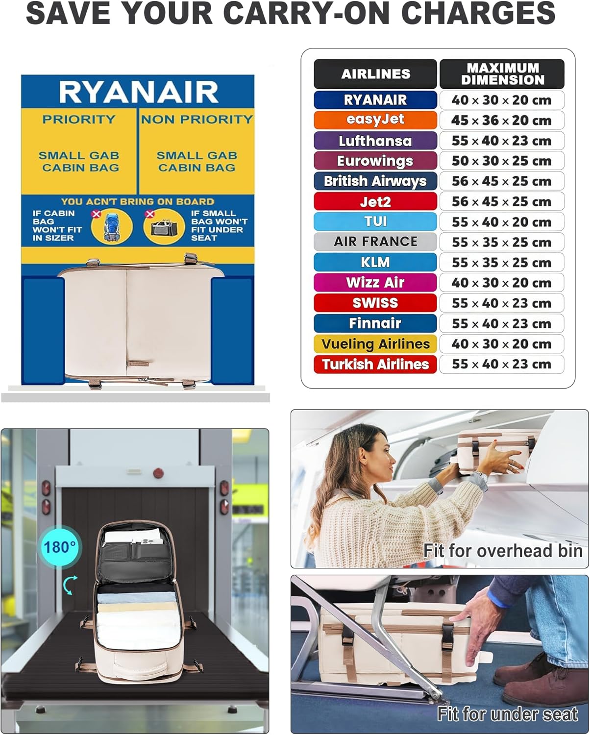 Detalle de SZLX Vakuum Rucksack Ryanair Handgepäck 40x30x20 – vielseitiger Flugbegleiter mit Schuhfach und Laptop 14 Zoll