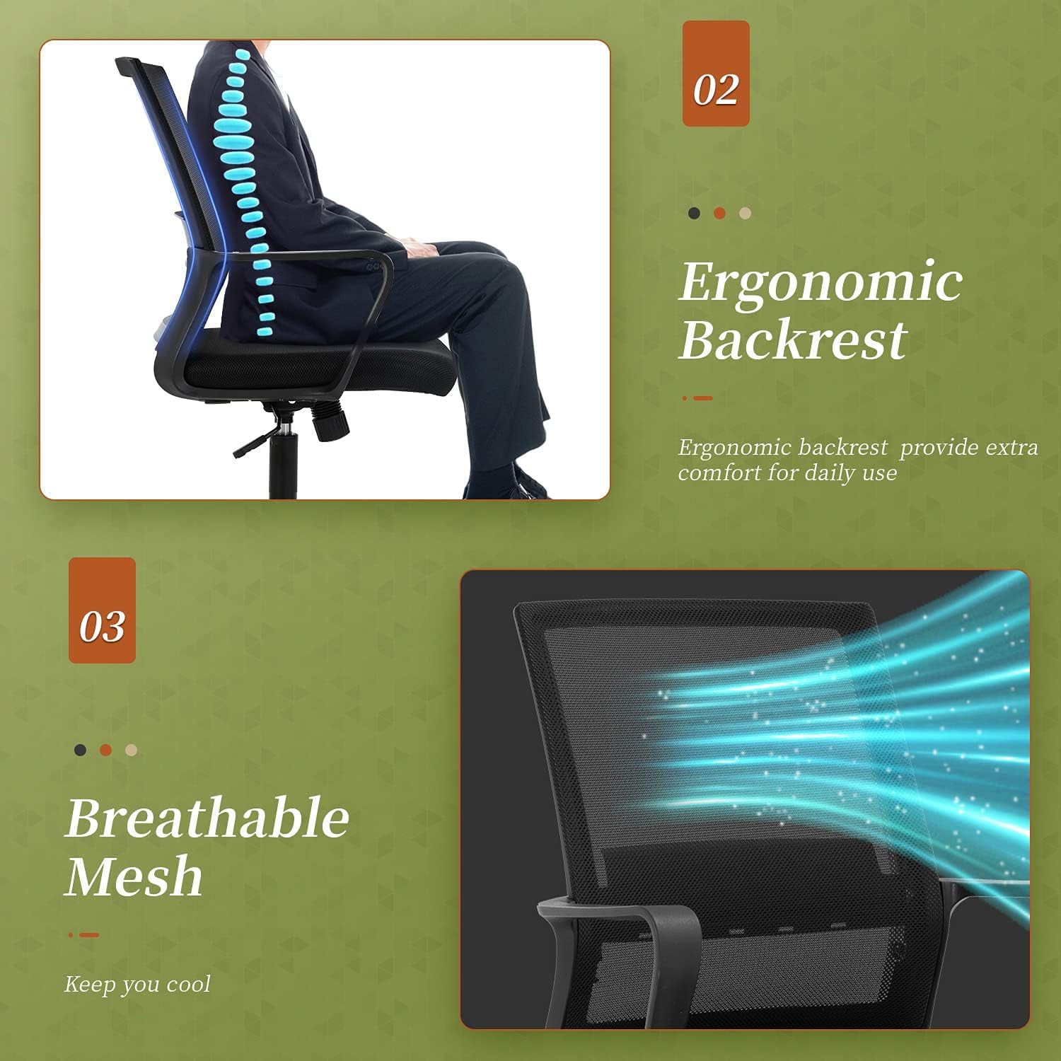 Detalle de BestOffice メッシュオフィスチェア 高さ調整・ロッキング・ランバーサポート付き