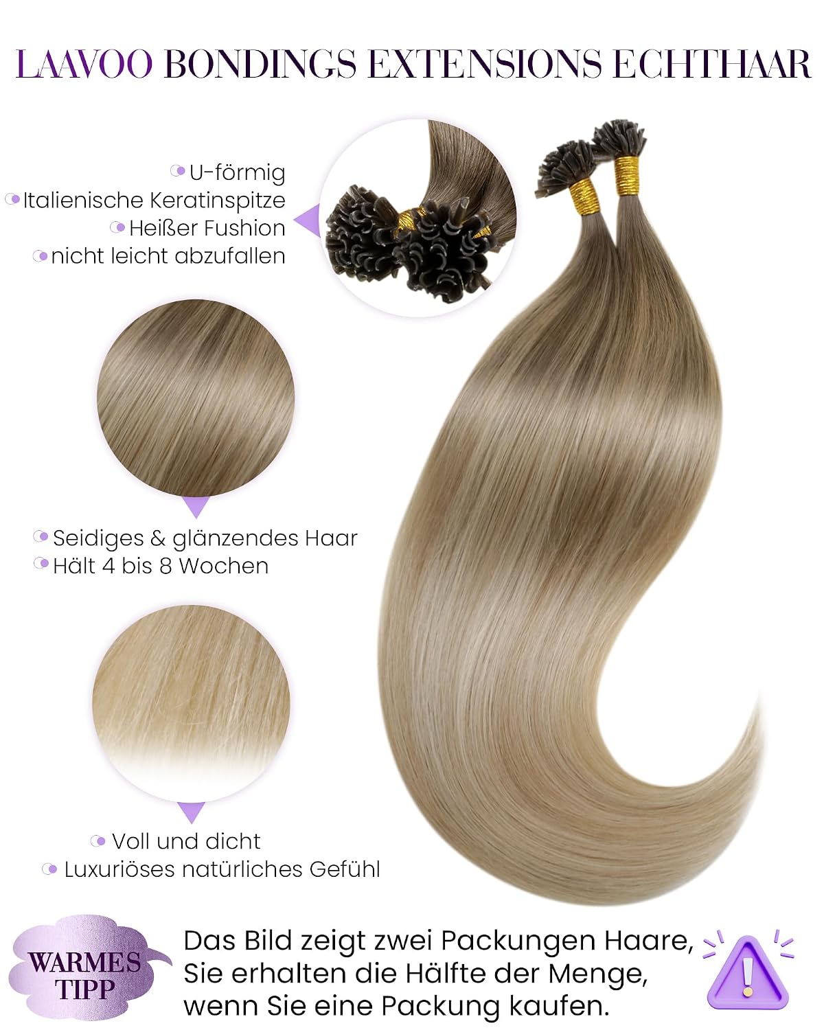 Detalle de LaaVoo Extensions Echthaar Bondings Blond Ombre 50 cm – Keratin U-Tip Echthaar Bonding Extensions