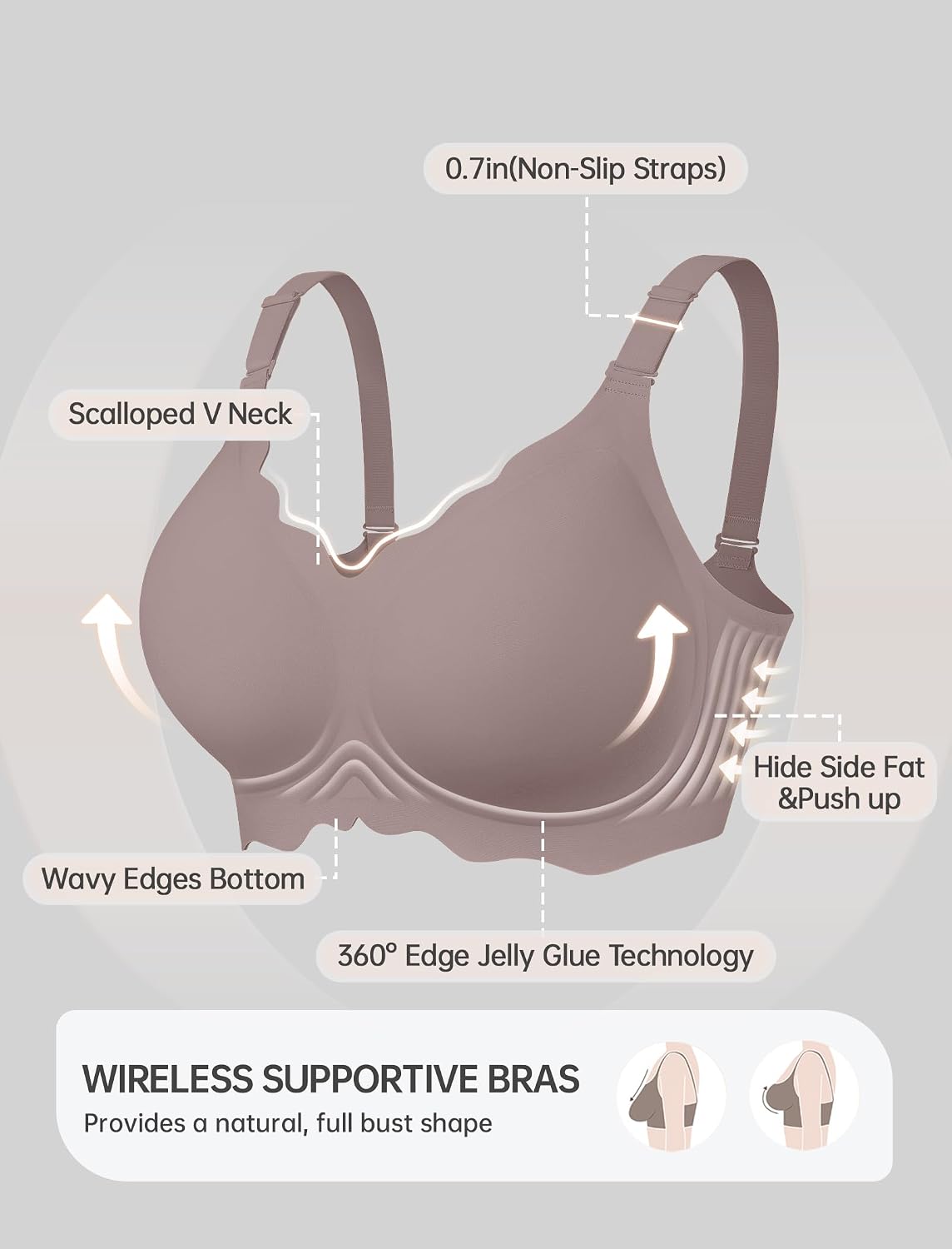 Detalle de OEAK Women Jelly Bra: No-Wire Scalloped Push Up T-Shirt Bra (Seamless, Convertible Straps)
