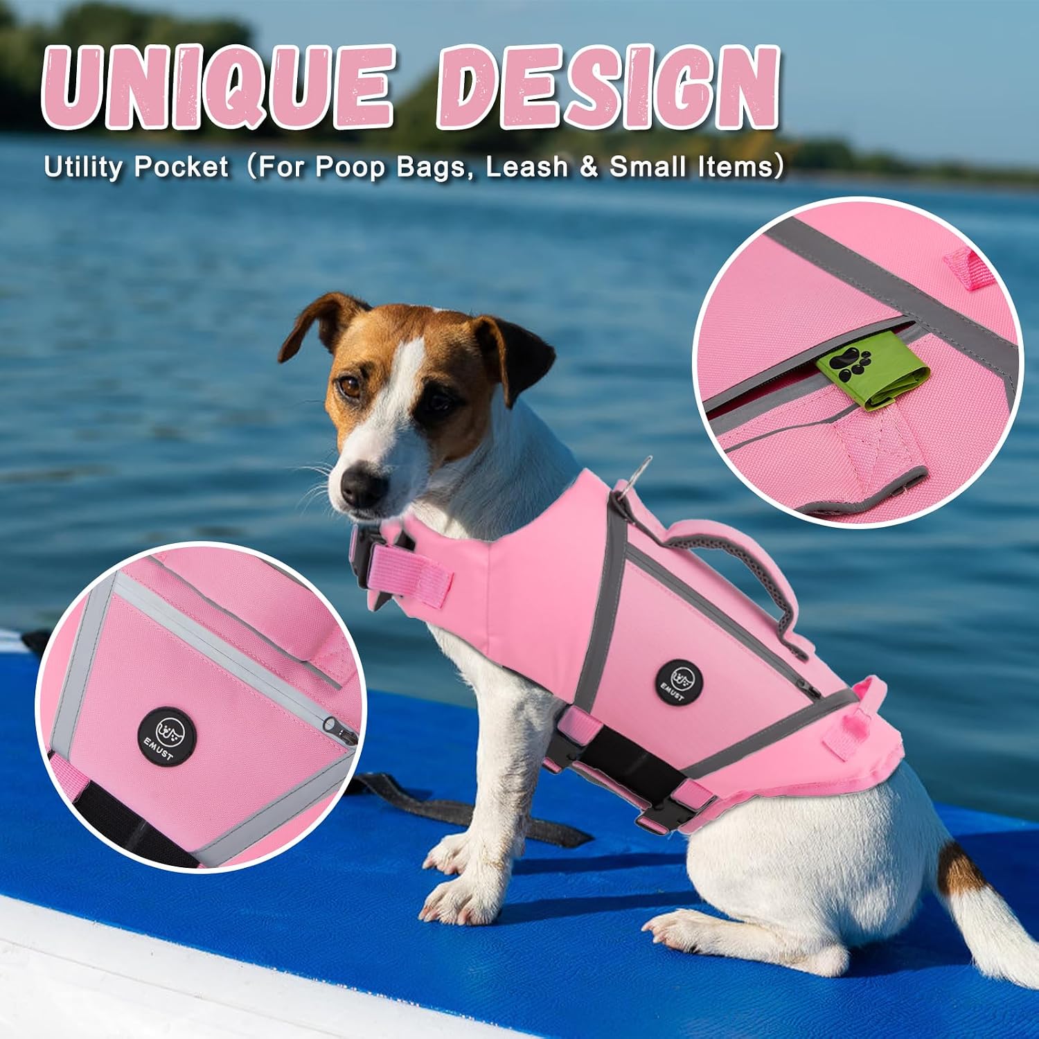 Detalle de EMUST Dog Flotation Vest – high-visibility dog life jacket with adjustable straps (SakuraPink, L)