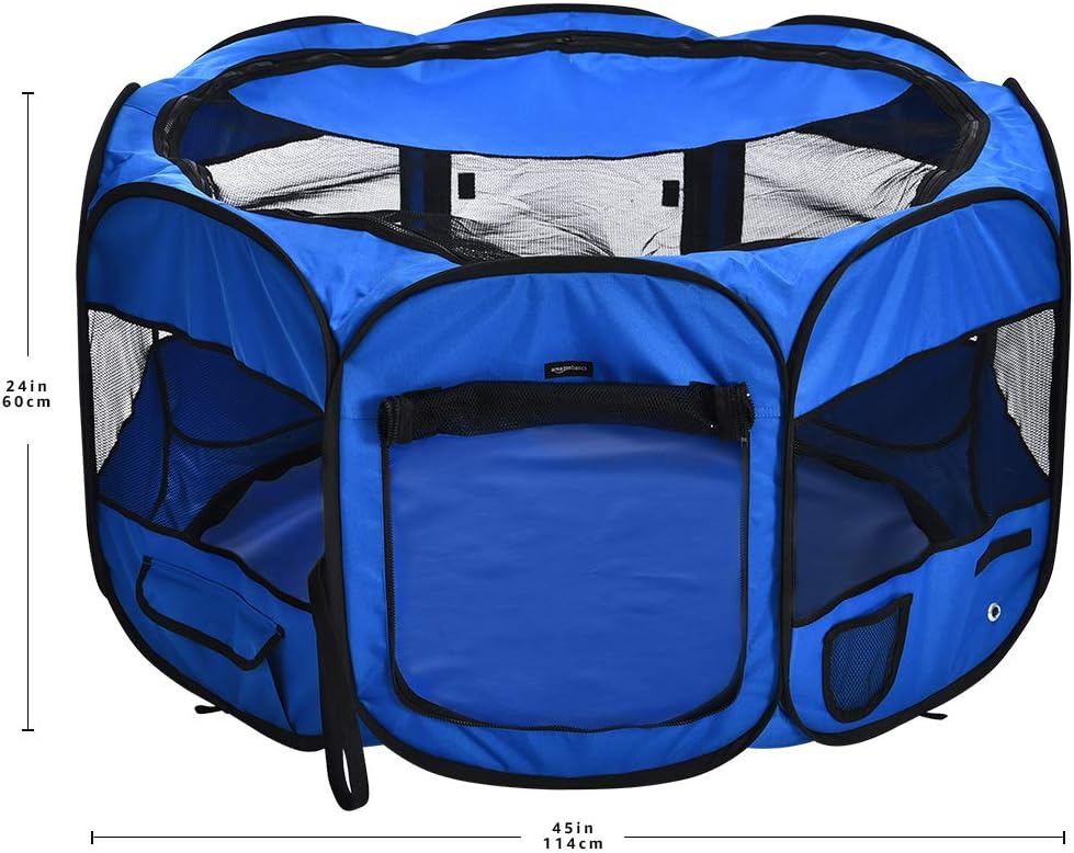Detalle de Amazon Basics ośmiokątny kojec dla zwierząt 114 cm, składany, niebieski