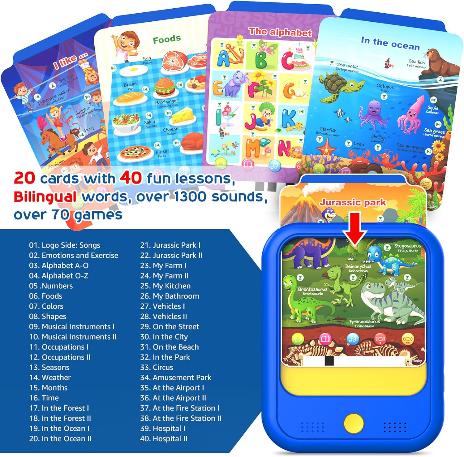 Detalle 2 de Qiaojoy Kids Learning Tablet: Bilingual Toddler Education Pad (2-5) with 40 Topics, Talking Cards, and Screen-Free Learning