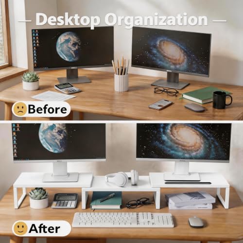 Detalle de DOMSHOCT Dual Monitor Stand Riser: Adjustable, Open Bottom Storage and Tablet Slot