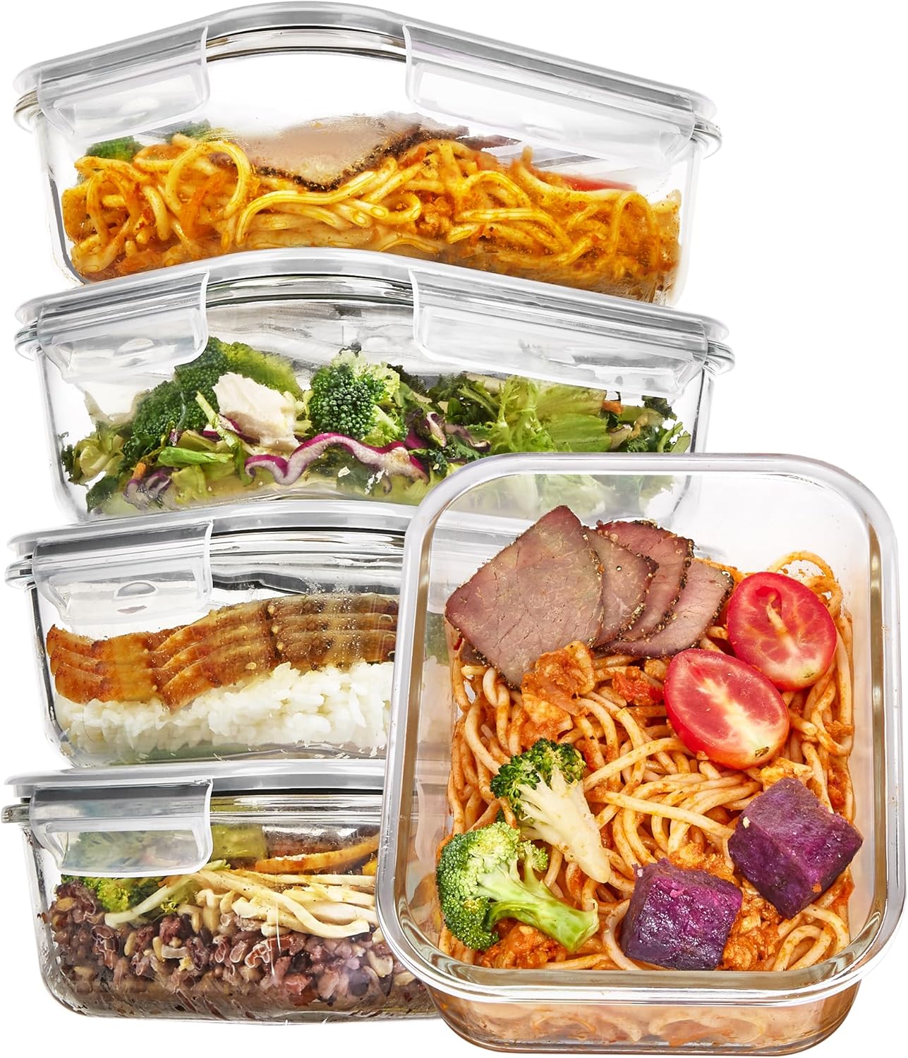 Vtopmart Lot de 5 Lunch Box Verre 1035 ml – boîtes hermétiques et réutilisables, compatibles four, micro-ondes, congélateur et lave-vaisselle