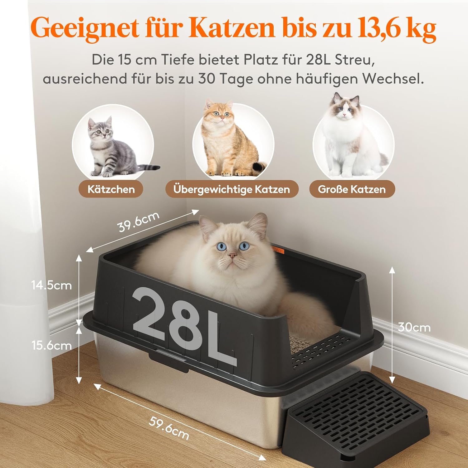 Detalle 2 de Lifewit Katzenklo Edelstahl 60x40x30 cm