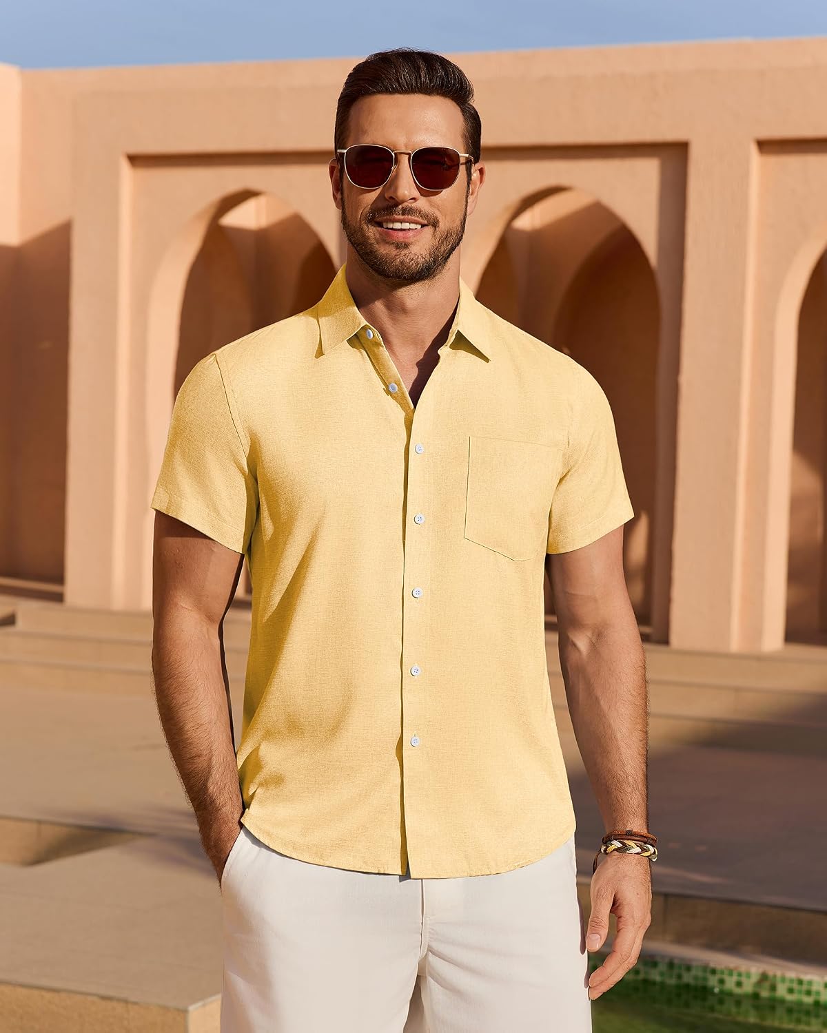 Detalle de ROUWELL Men's Linen-Blend Button-Down Shirt, Short Sleeve, Relaxed Untucked Fit