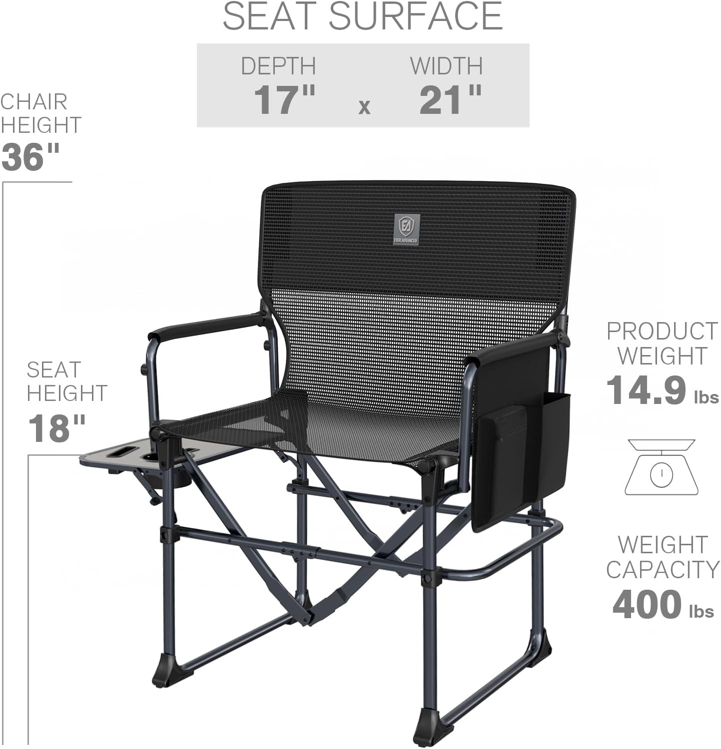 Thumbnail 2 de EVER ADVANCED Camping Directors' Chair with Side Table – Portable Folding Outdoor Chair, 400 lbs, Textilene Mesh, Black